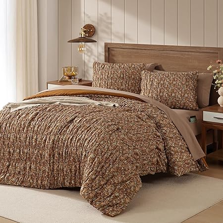 Queen Comforter Set-7 Pieces Brown Classic Puff Floral Bedding Sets for All Seasons,Shabby Chic Farmhouse Bed in a Bag Queen with Wildflowers Comforter,Sheets, Pillowcases & Shams