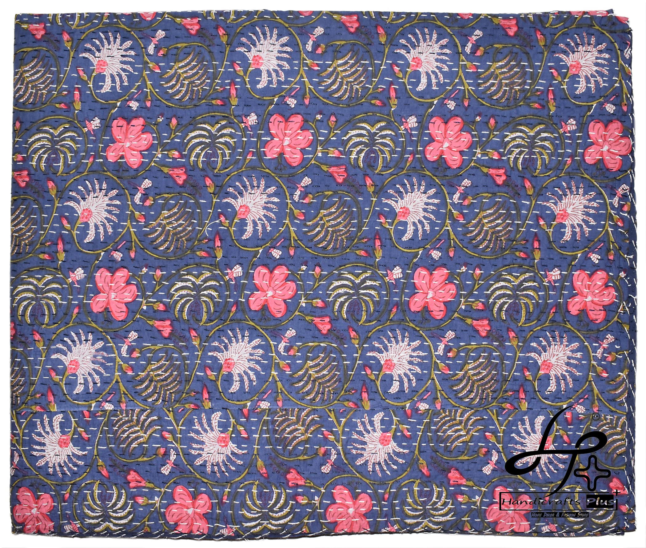 Handicrafts Plus New Indian Cotton King Size Kantha Quilt Beautiful Navy Blue Color Bedding Bedspread Handmade Coverlet Floral Print Bedspread 90x108''