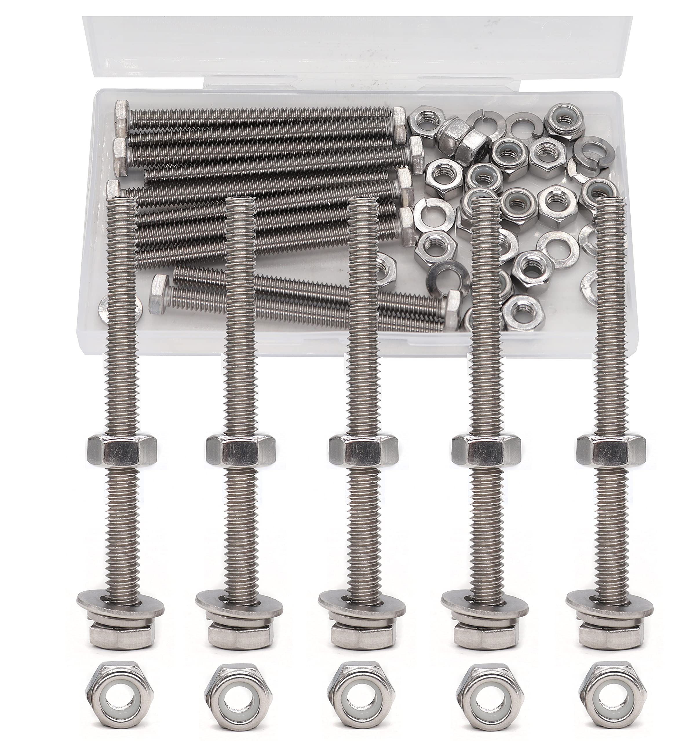 binifiMux 1/4-20 x 5"" Hex Bolts Washers Nuts Set, 30 Pieces, 304 Stainless Steel, Plain Finish, 1/4""-20 Hex Nuts, 1/4""-20 Nylon Inserted Nuts, 1/4"