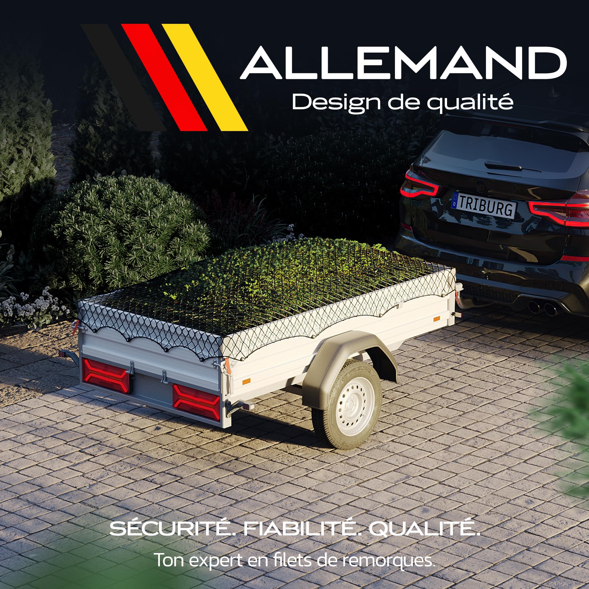 TRIBURG Filet de remorque Extensible pour remorques de 1x2 m à 2x3 m - à Mailles serrées avec Corde en Caoutchouc [Noir/élastique].
