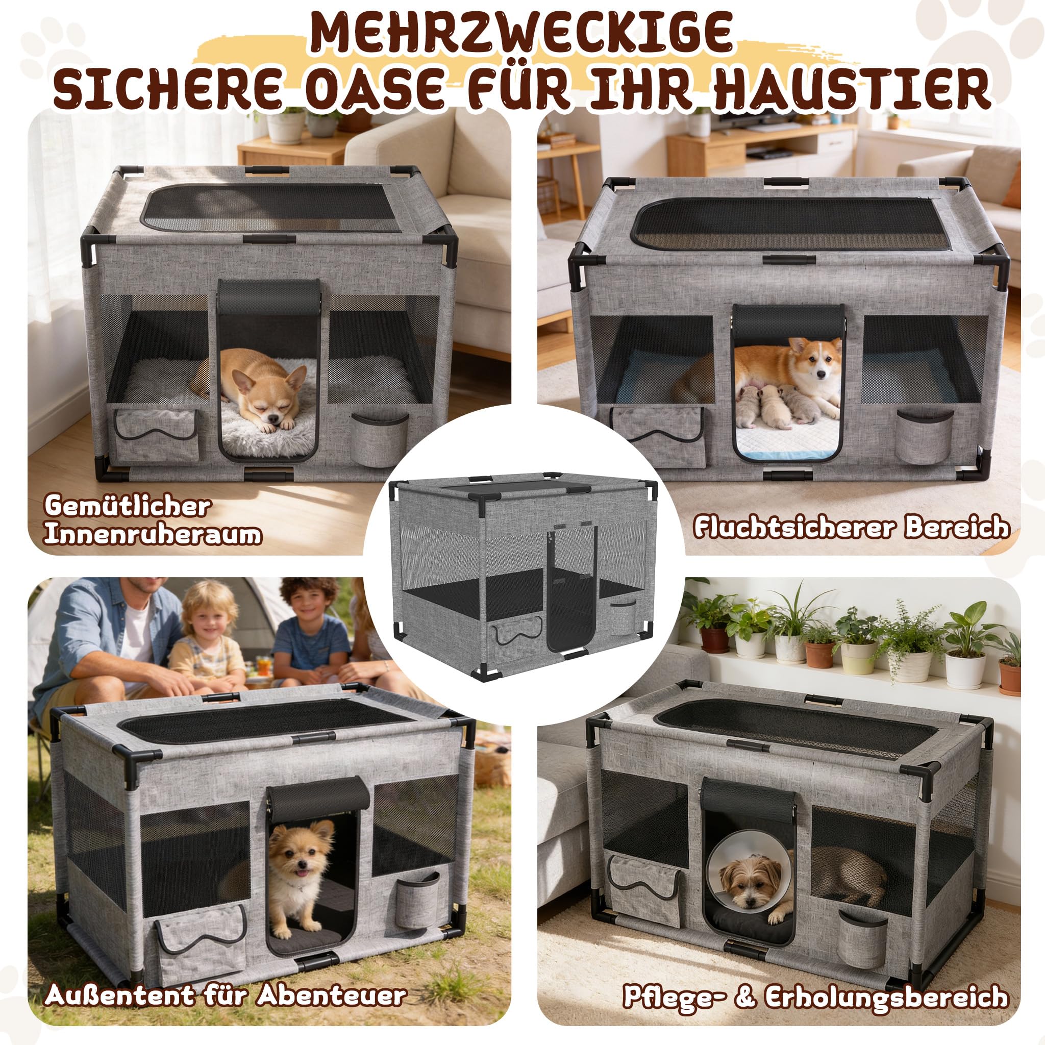 Welpenauslauf für Hunde & Katzen, 600D Oxford-Gewebe, atmungsaktive Netzfenster, PVC-Rahmen, stabil & faltbar, Indoor & Outdoor, Quadratisch, Grau, M, 85 × 65 × 65 cm