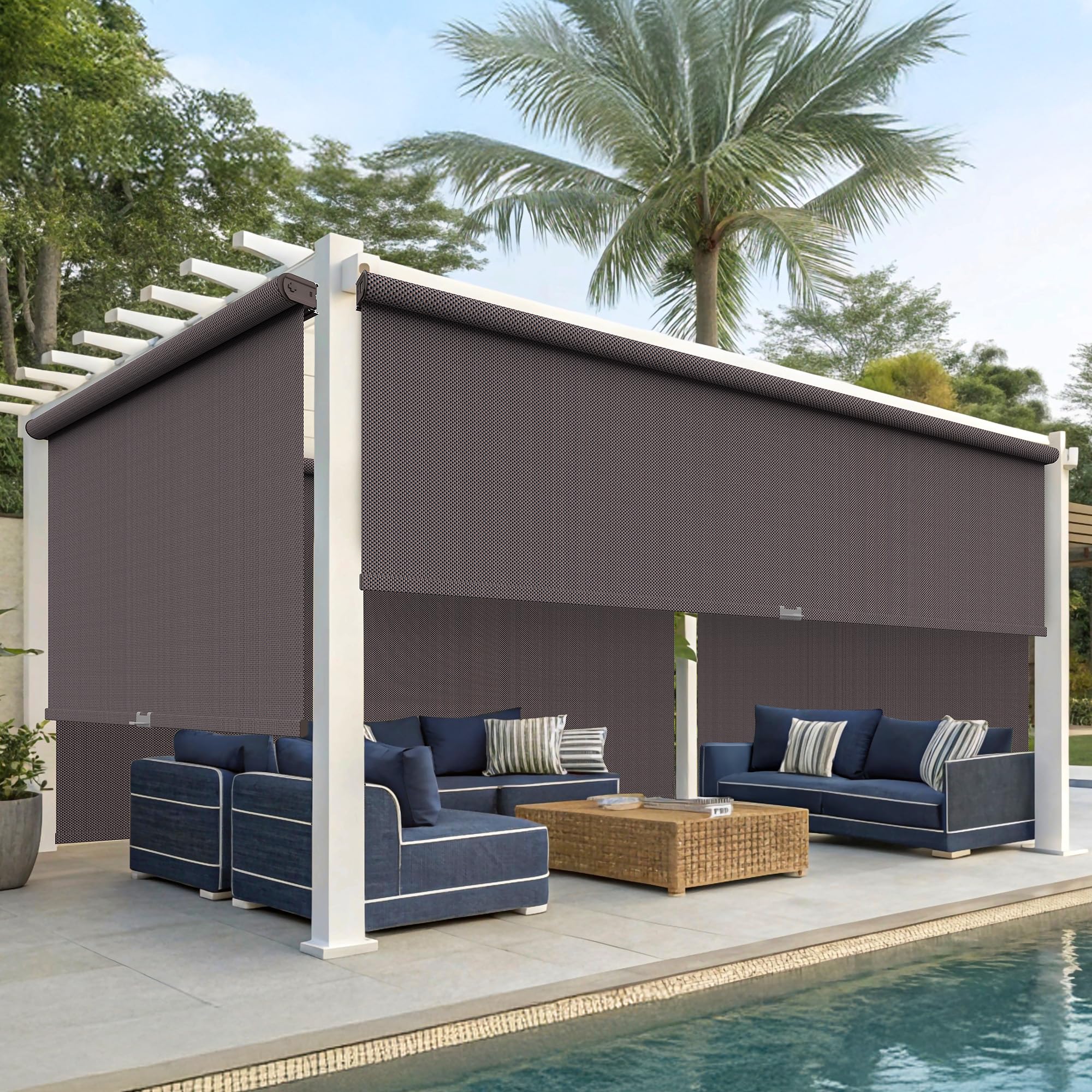 Wisteria Lane Outdoor Roller Shade with Two Operation Mode(No Need Crank), (10'W X 8'H) 420GSM New Material Outdoor Patio Blinds with 95% UV