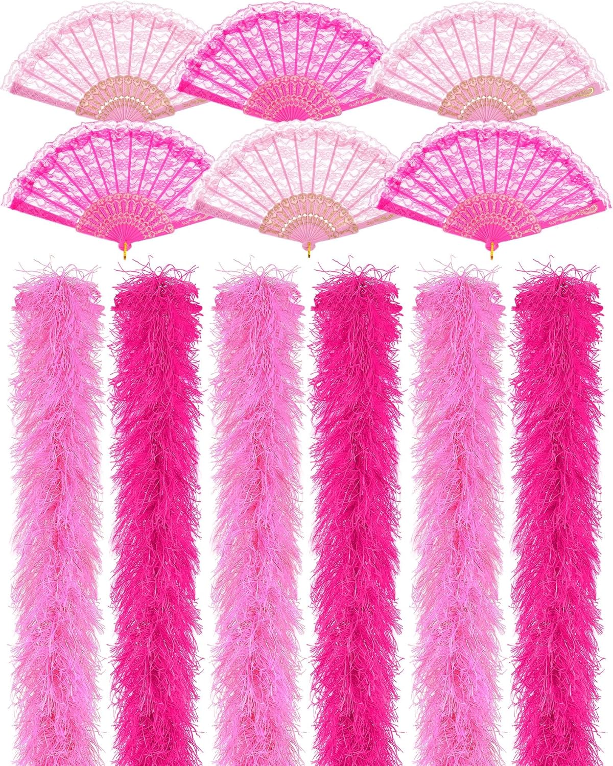 Taiyin 12 Pcs Feather Boa Artificial Fluffy Boa Bulk Lace Handheld Folding Fan Set 5.9 ft Wedding Bridal Shower 1920s Costume