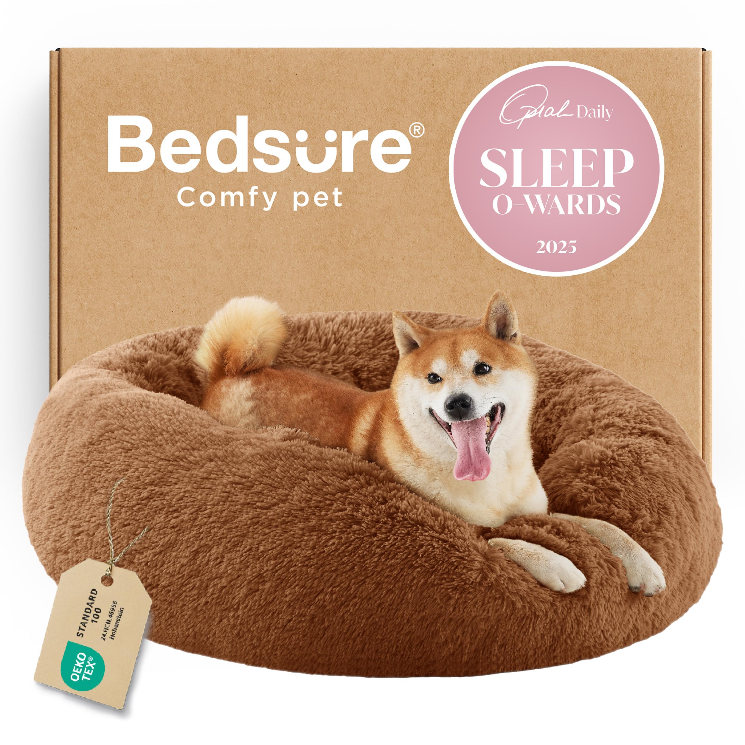 Photo 1 of Bedsure Calming Dog Bed for Medium Dogs - Donut Washable Medium Pet Bed, 30 inches Anti-Slip Round Fluffy Plush Faux Fur Cat Bed, Fits up to 45 lbs Pets, Copper