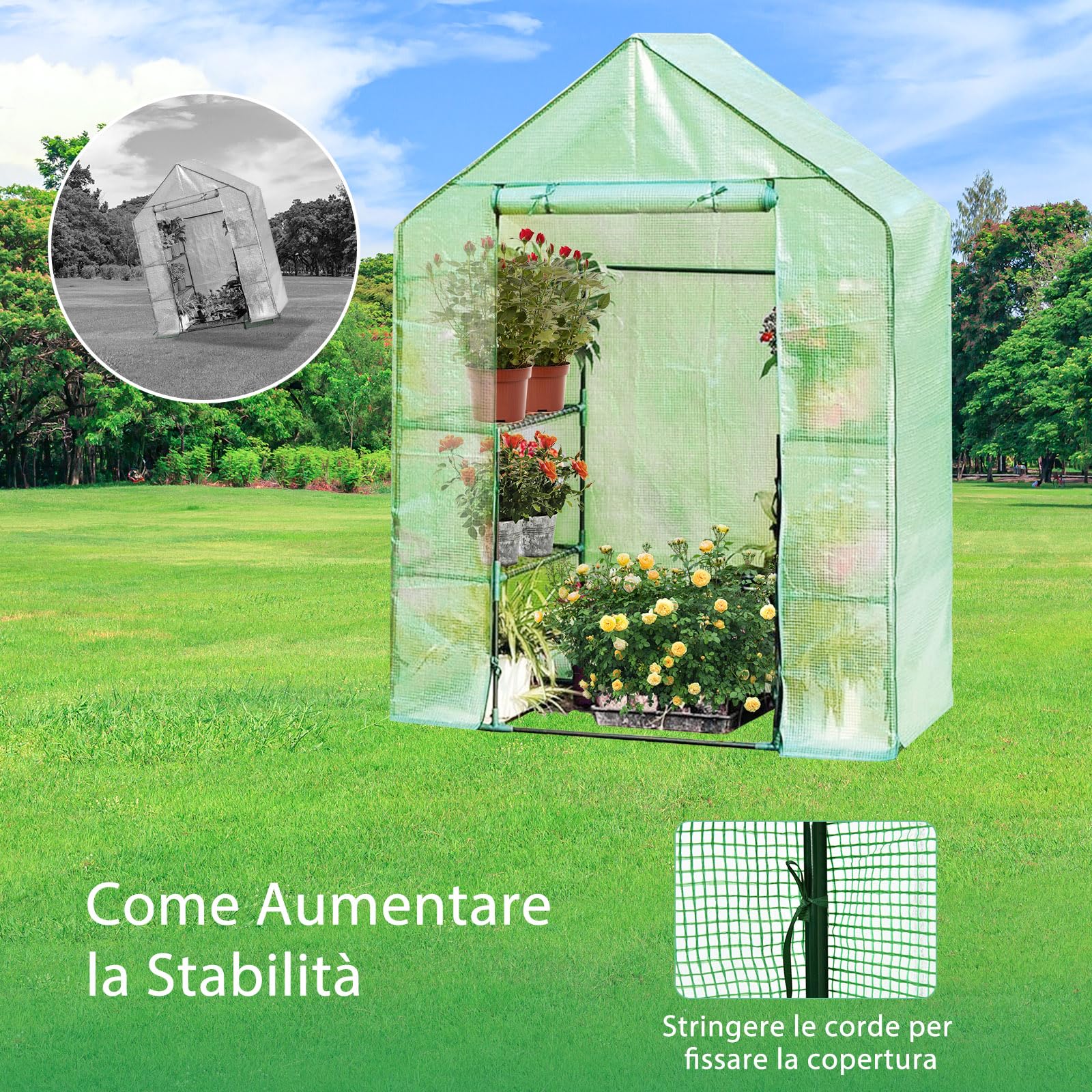 COSTWAY Serra da Giardino a 4 Livelli, Serra da Esterno per Orto e Piante con Telaio in Alluminio, Porta Avvolgibile e Telo, Serra Robusta per Balcone e Giardino, 143 x 73 x 195 cm, Verde