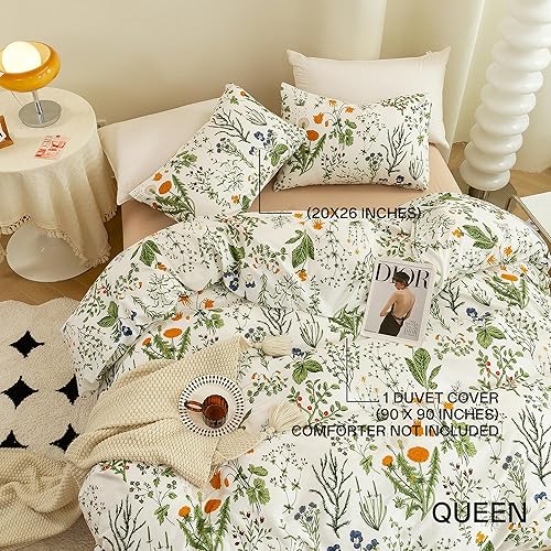 Miniatura 8 de ECOCOTT Funda de edredón tamaño King  Juego de funda de edredón con diseño floral botánico de hojas verdes, súper suave, con cierre de cremallera, 4