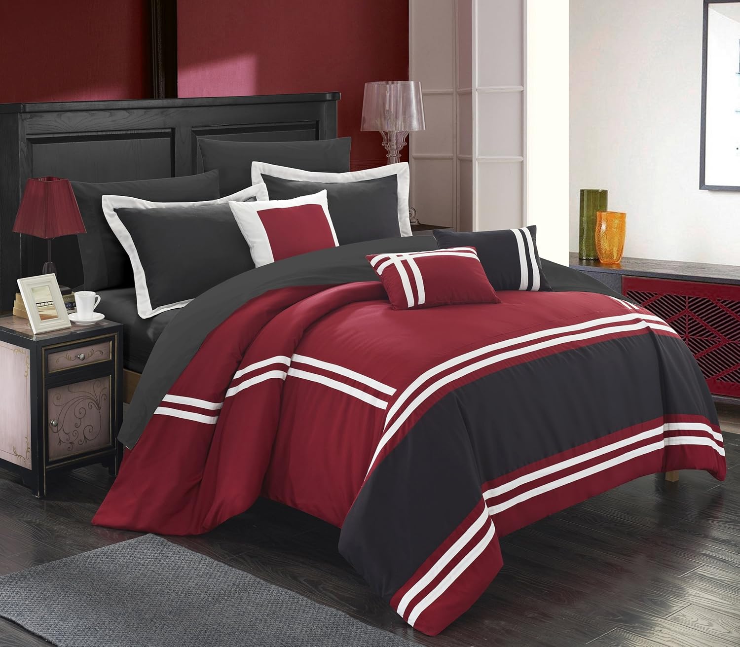 Chic Home Zarah Colorblock Queen Size Comforter Set, 10-Piece King Bedding Set with Queen Comforter, Shams, Decorative Pillows, and Sheet Set - Bed in a Bag Queen (Red) Queen Red