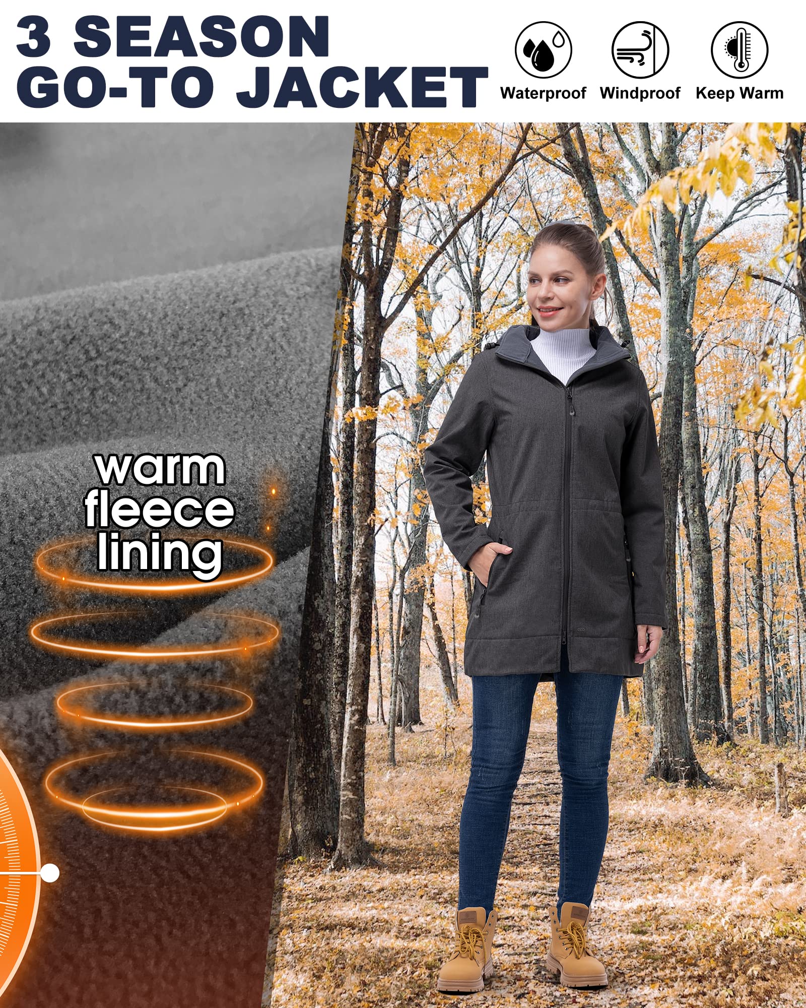 Giacca lunga da donna in softshell, con cappuccio, foderata in pile, antivento, impermeabile