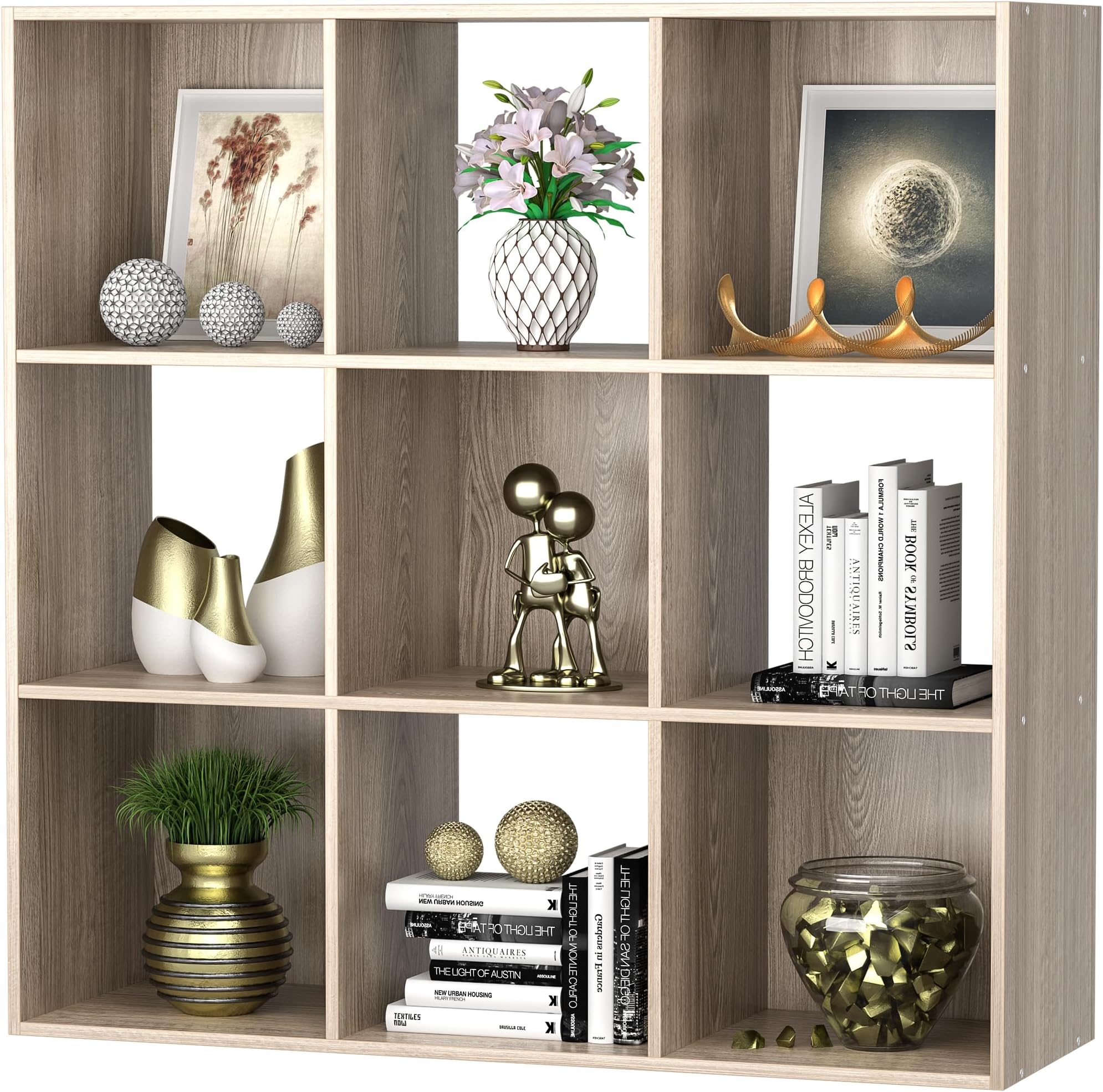 Nouva 9 Cube Storage Organizer Shelf with 5 Removable Back Panels Freestanding 3-Tier Open Wood Bookshelf for Home, Office, Bedroom, Living Room, Oak