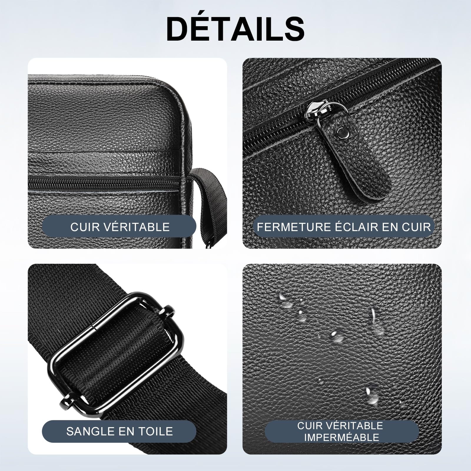 Leathario Sac à Bandoulière en Cuir Véritable pour Hommes Sac Pochettes décontractées pour les Voyages d'affaires Shopping Usage Quotidien Grande Capacité À la Mode Noir
