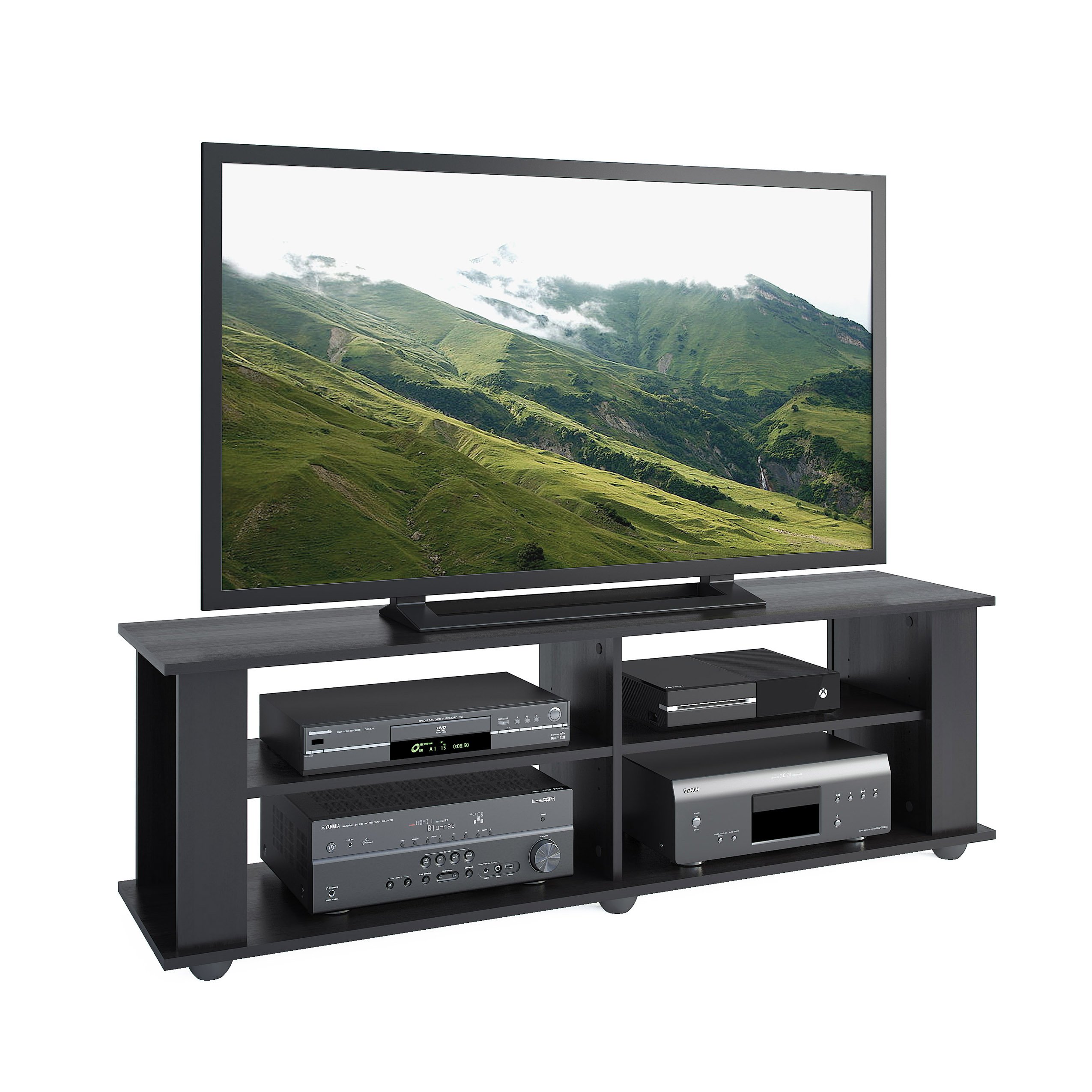 CorLiving Fillmore Ravenwood Black Engineered Wood TV Stand with 4 Open Shelves for TVs up to 75