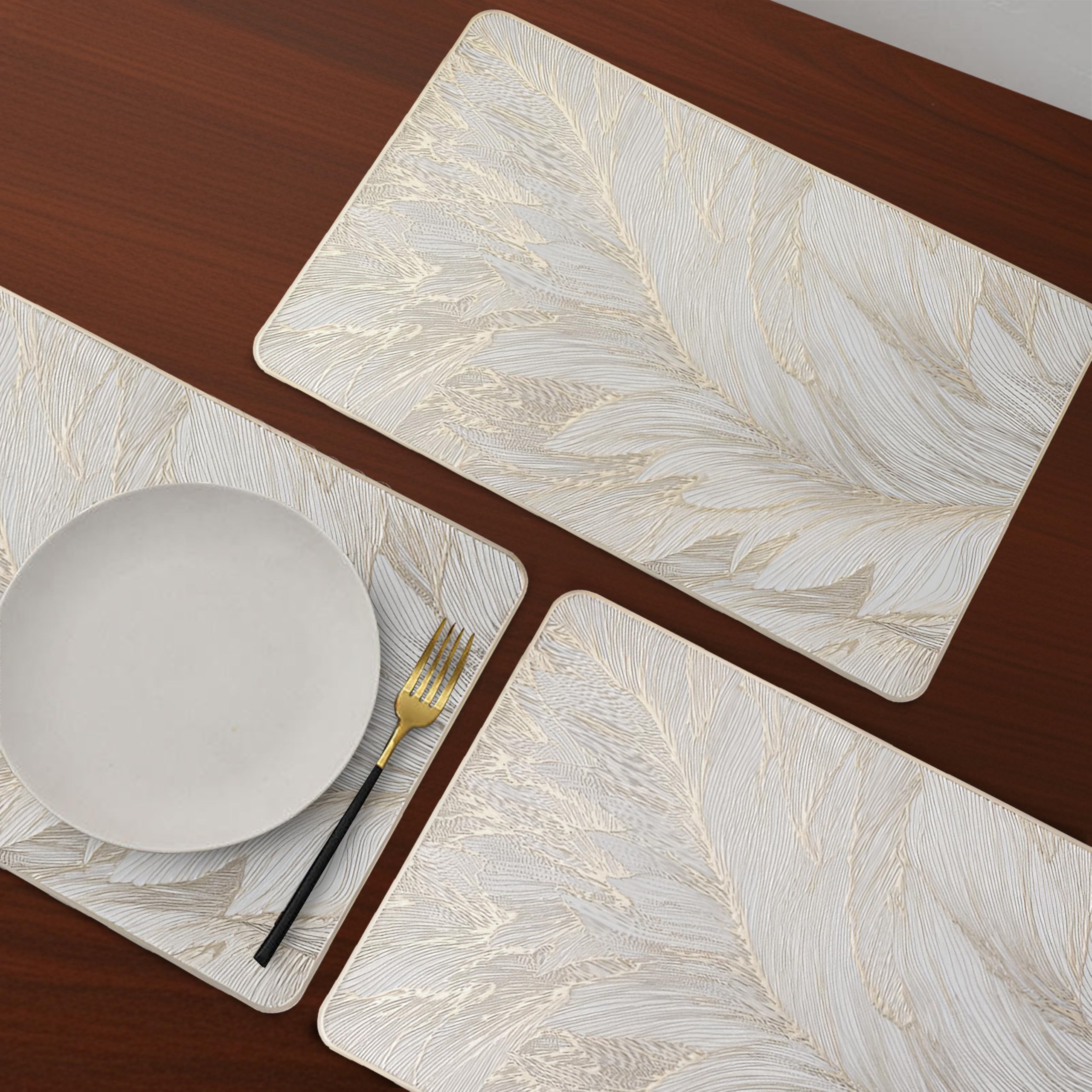 Yellow Weaves 6 Pcs PVC Table Placemats, Dining Table Mat, Stain Resistant, Anti-Skid, Waterproof, Washable, Dining, Kitchen, Restaurant Table Set Easy to Clean, Durable (Feather Golden)-image-49