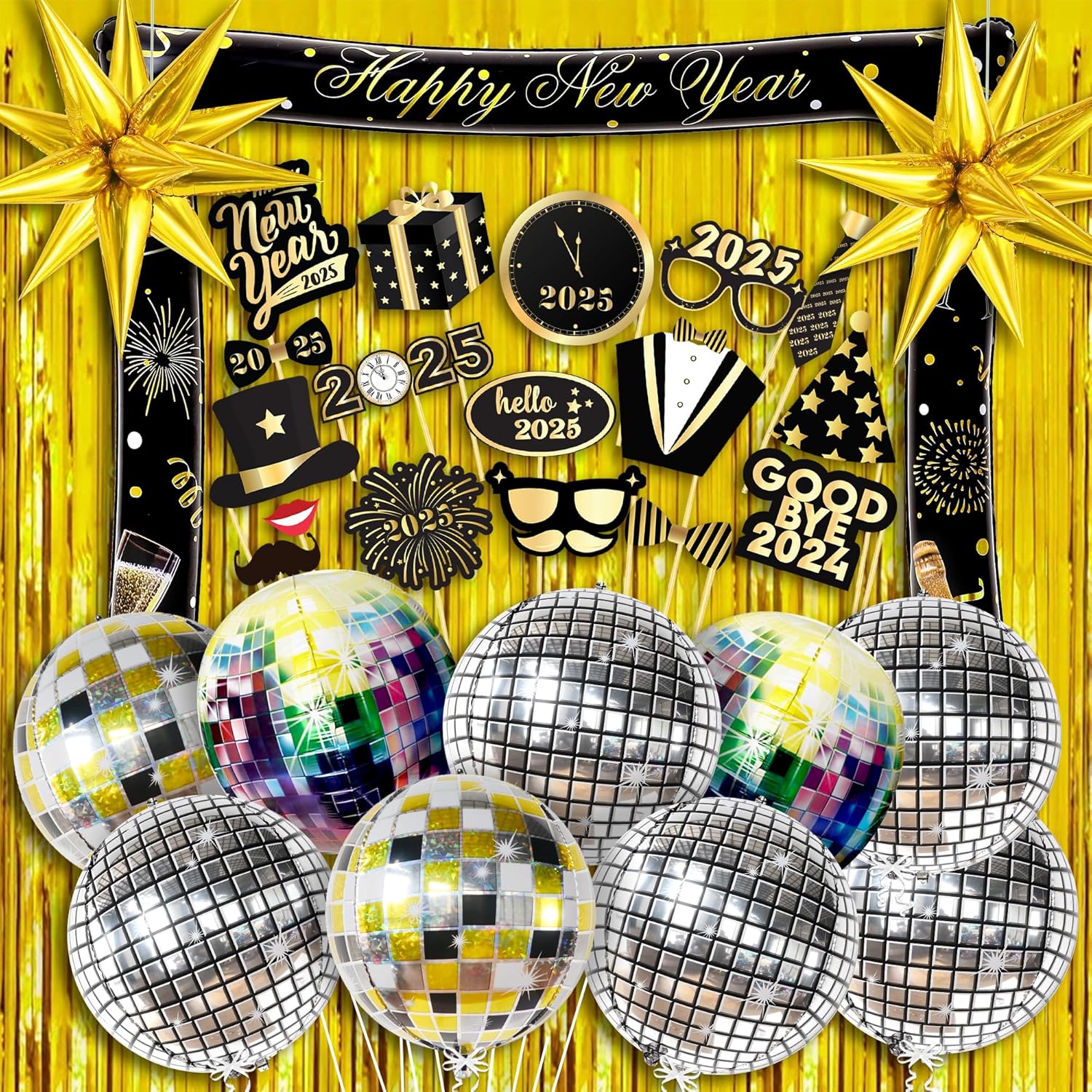 KatchOn, Happy New Year Decorations 2025 - Pack of 50 | New Years Eve Photo Booth Frame Kit | Multicolor Disco Ball Balloons | Gold Star Balloons | Disco Balloons for New Years Eve Party Supplies 2025