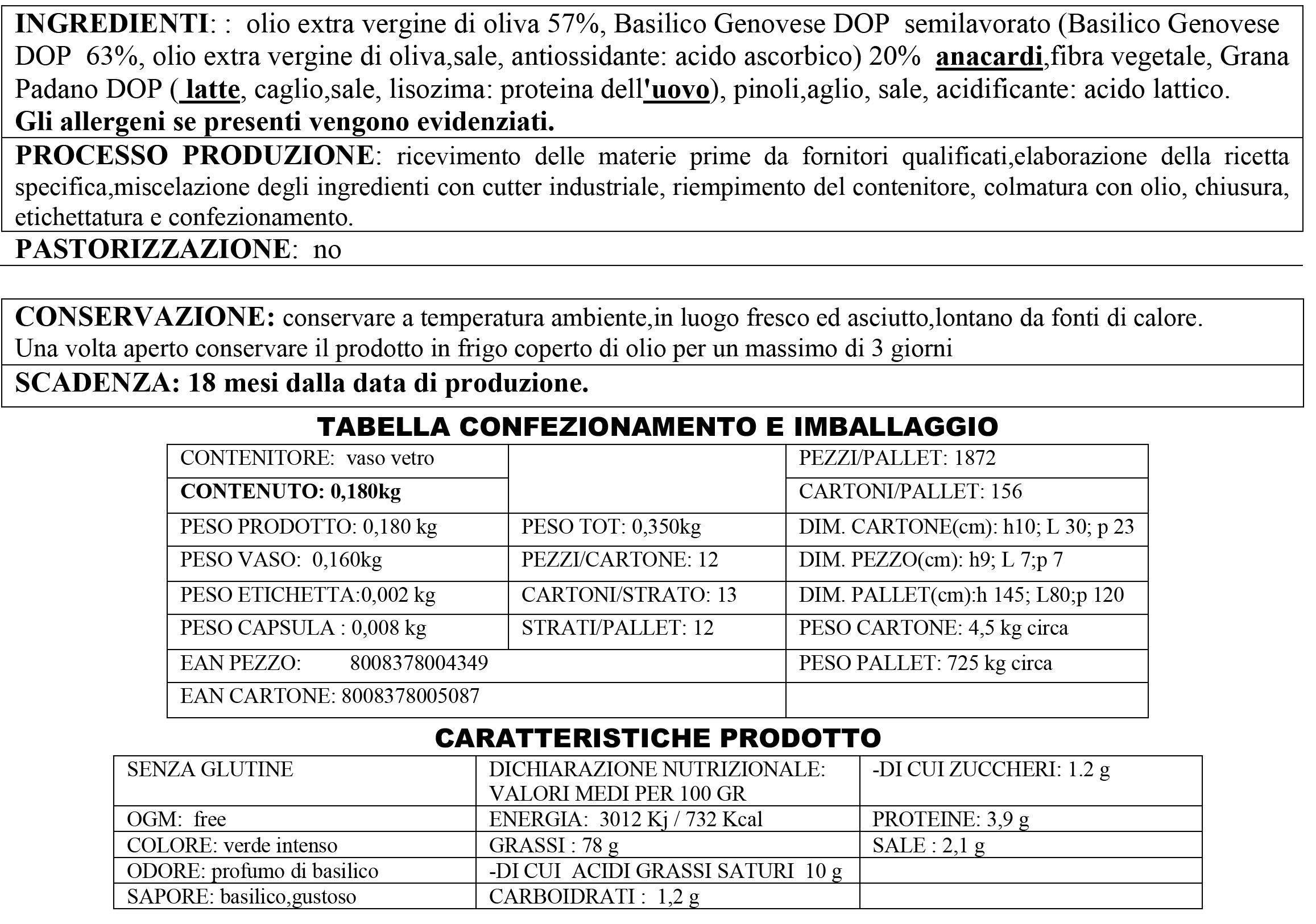 Pesto Con Albahaca Basilico Genoves Dop Aceite De Oliva Virgen Extra 180 Gr