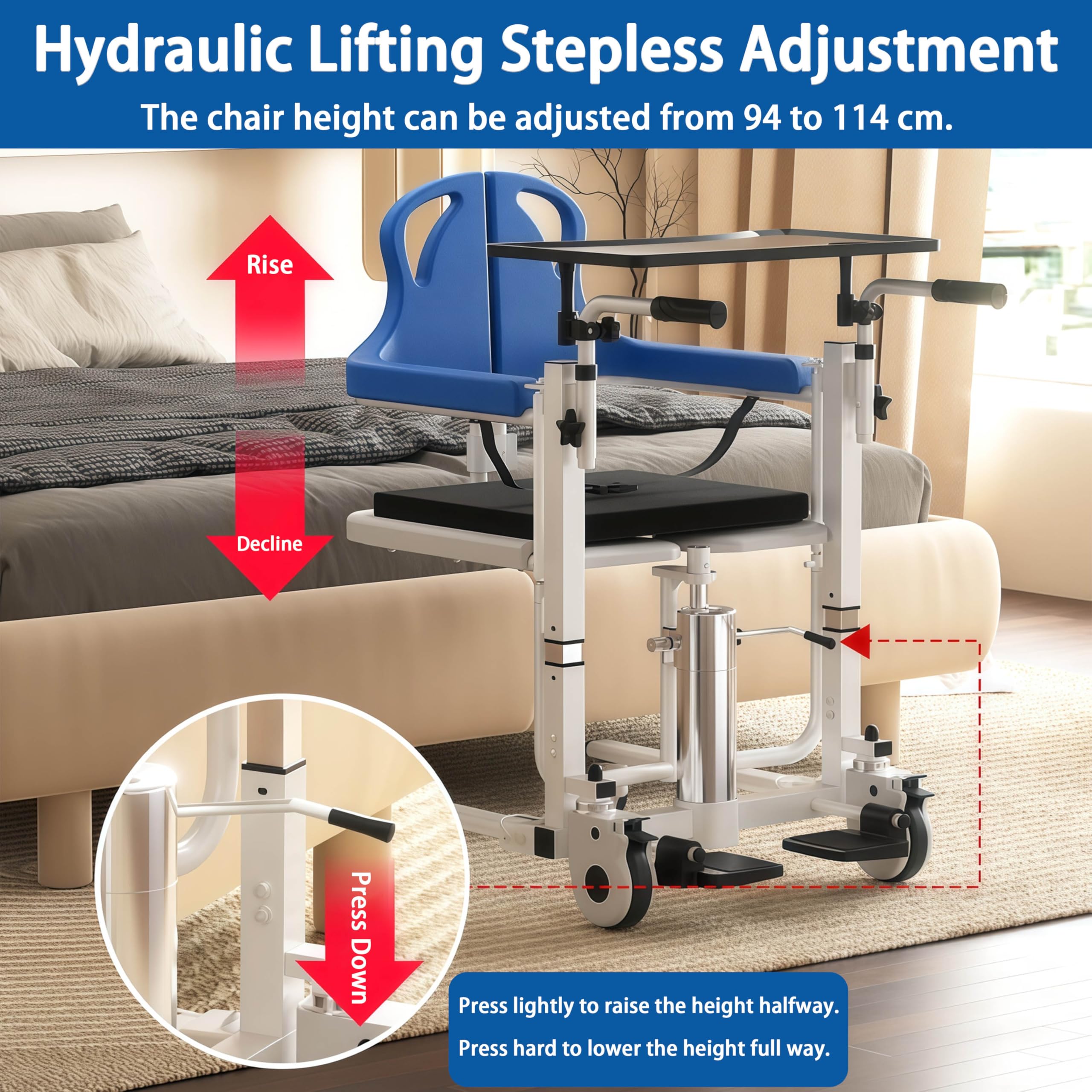Hydrauliczny podnośnik pacjenta, komoda o regulowanej wysokości, wózek inwalidzki do opieki nad osobami starszymi, nośność 158 kg