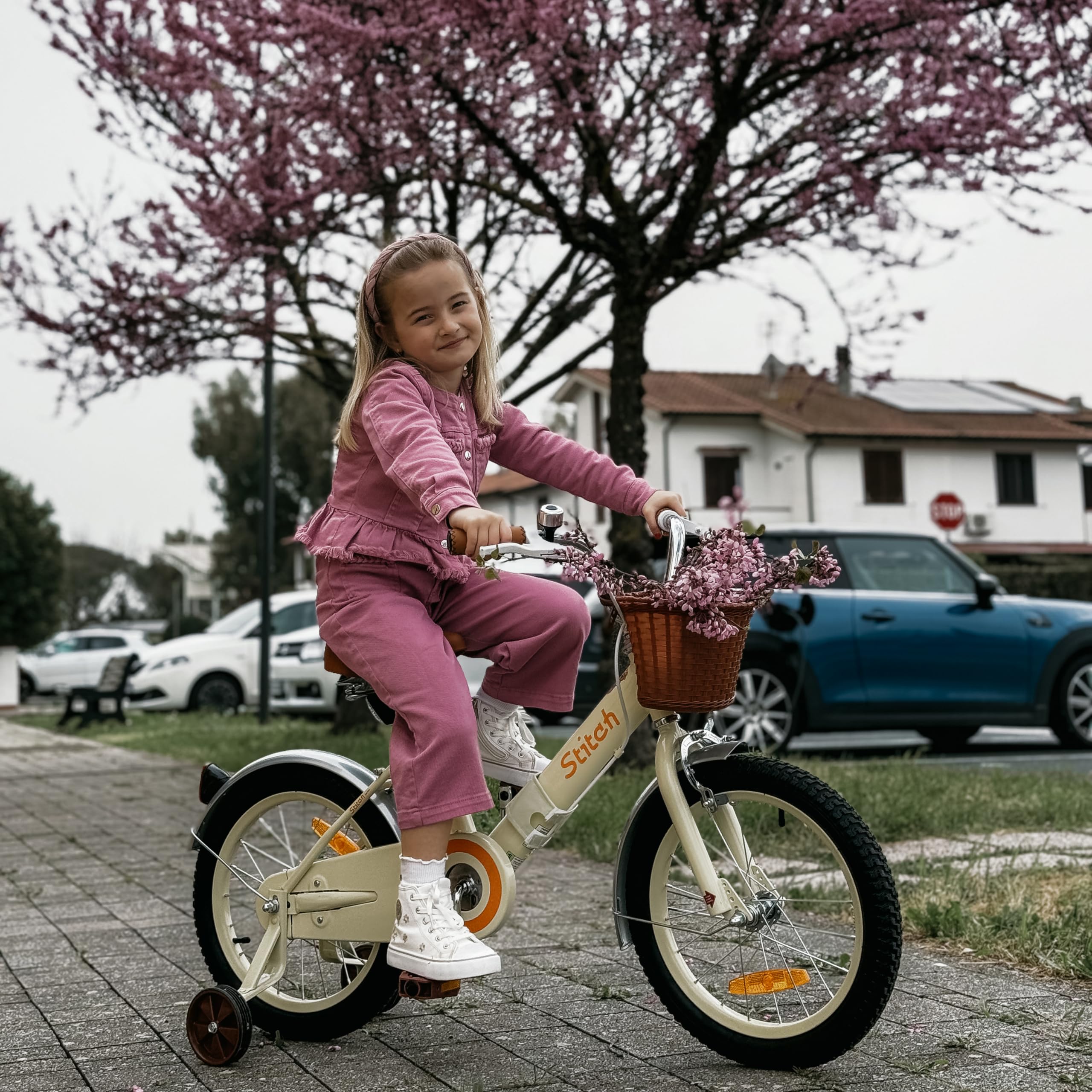 STITCH Bicicleta Infantil 14/16 Pulgadas Rosa/Beige para Niñas y Niños de 3, 4, 5, 6 y 7 Años Kids Bike con Cesta Delantera y Ruedas de Apoyo…