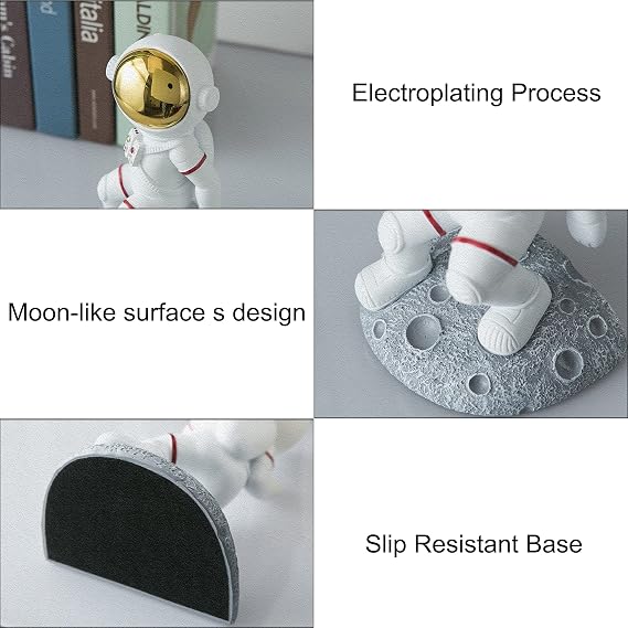 Space Themed Bookends & Decor Set - Astronaut Moon Theme (2 Pack, Black, Grey, Silver Resin)