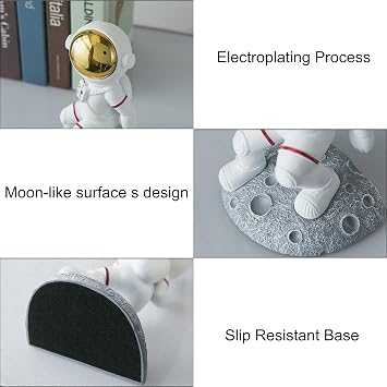 Space Themed Bookends & Decor Set - Astronaut Moon Theme (2 Pack, Black, Grey, Silver Resin)