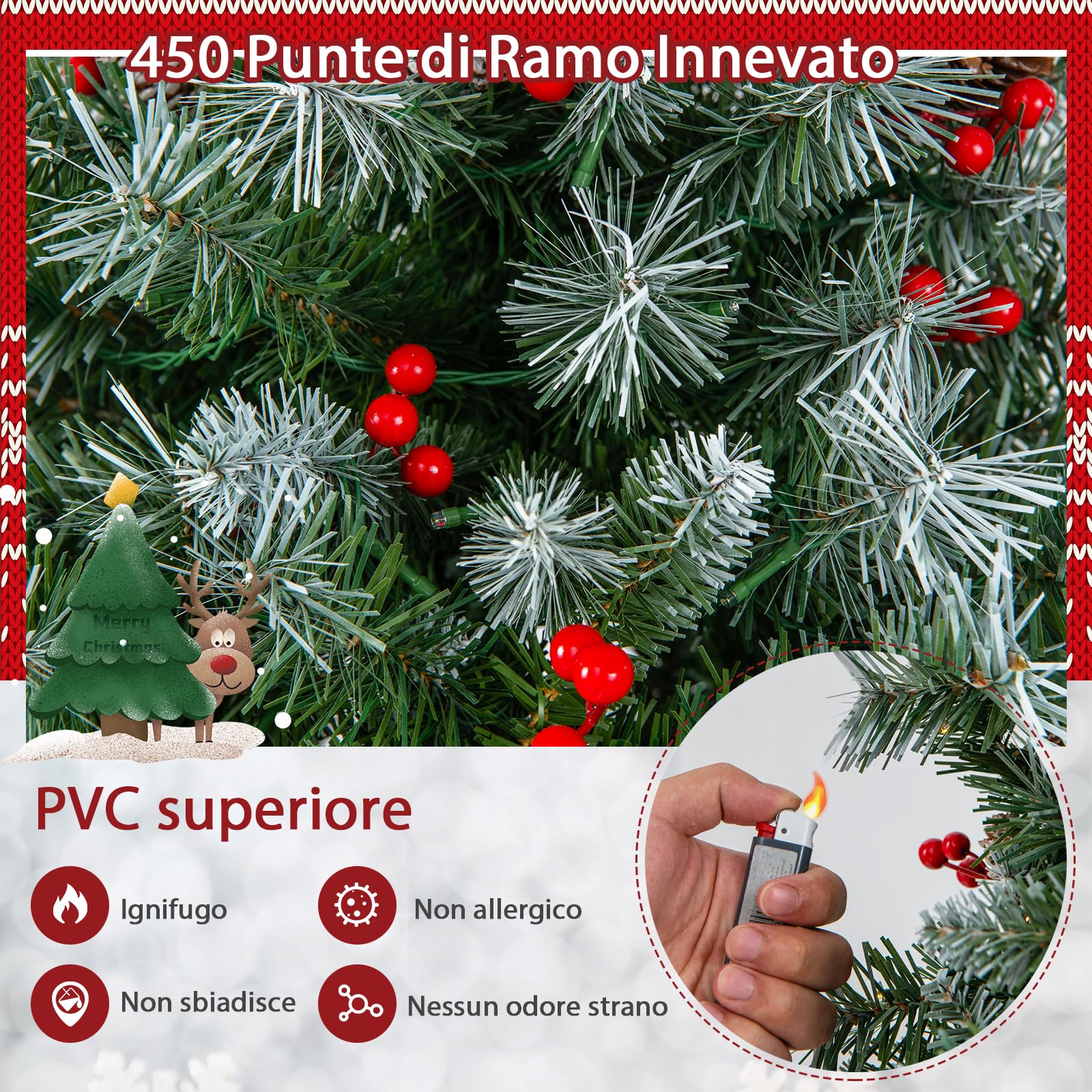 GYMAX 150 cm Albero di Natale Innevato Automatico, con 200 Luci a 8 Modalità, 450 Rami in PVC, 26 Pigne e 126 Bacche, Folto e Realistico, Base Pieghevole in Metallo, Montaggio Facile