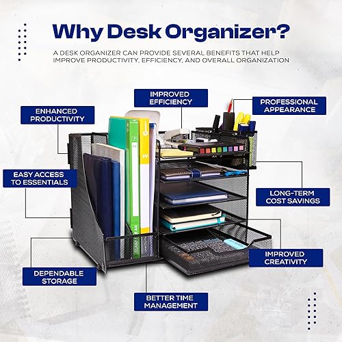 Miniatura 3 de SimArtz Organizador de bandeja de papel de 5 niveles con soporte para archivos, organizador de escritorio con cajón y soportes para bolígrafos,