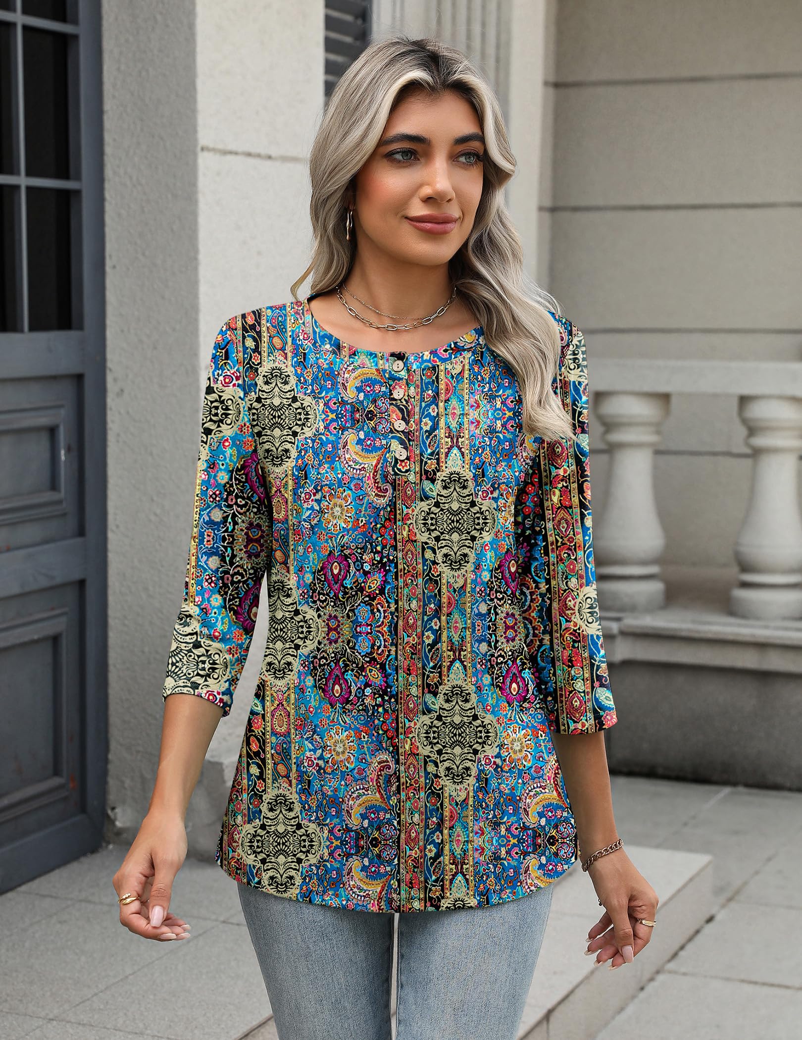 Zeagoo 3/4 Length Sleeve Women Tops Crew Neck Blouses Dressy Casual Summer T Shirts Loose Fit Business Work Clothes