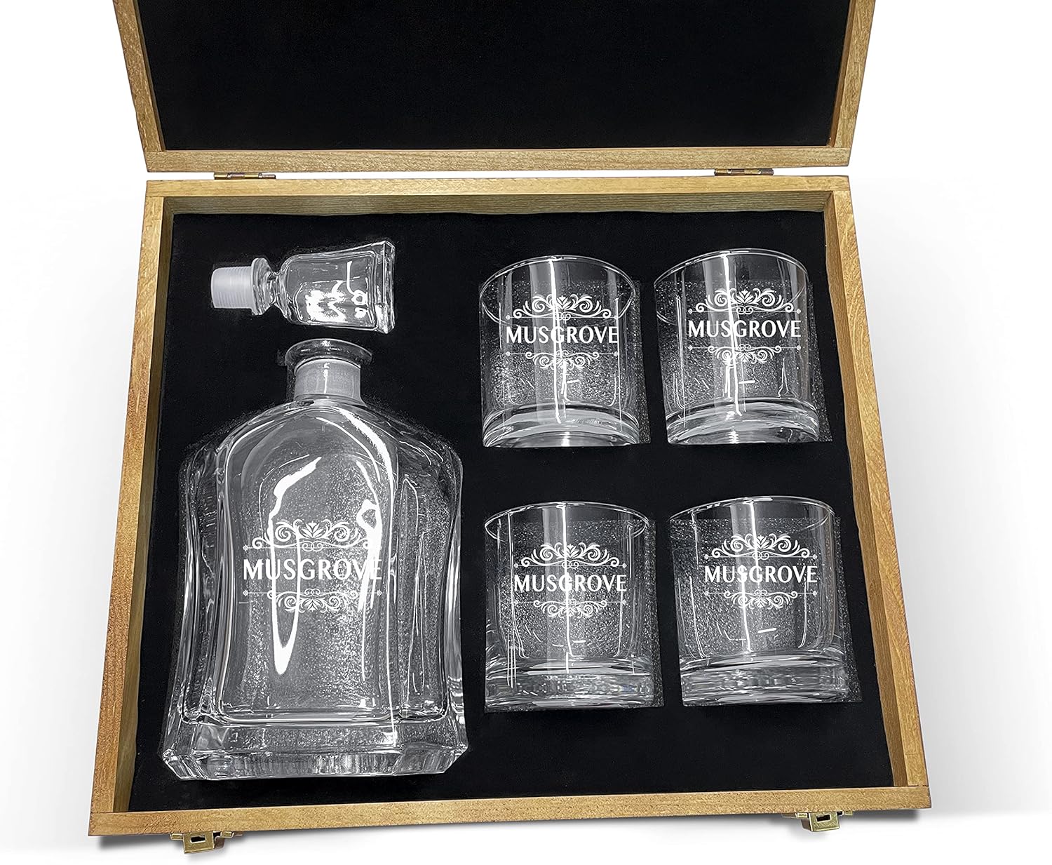 Personalized Liquor Decanter & 4 Whiskey Glasses - Classic Engraved Groomsmen Gift - Anniversary, Engagement Decanter