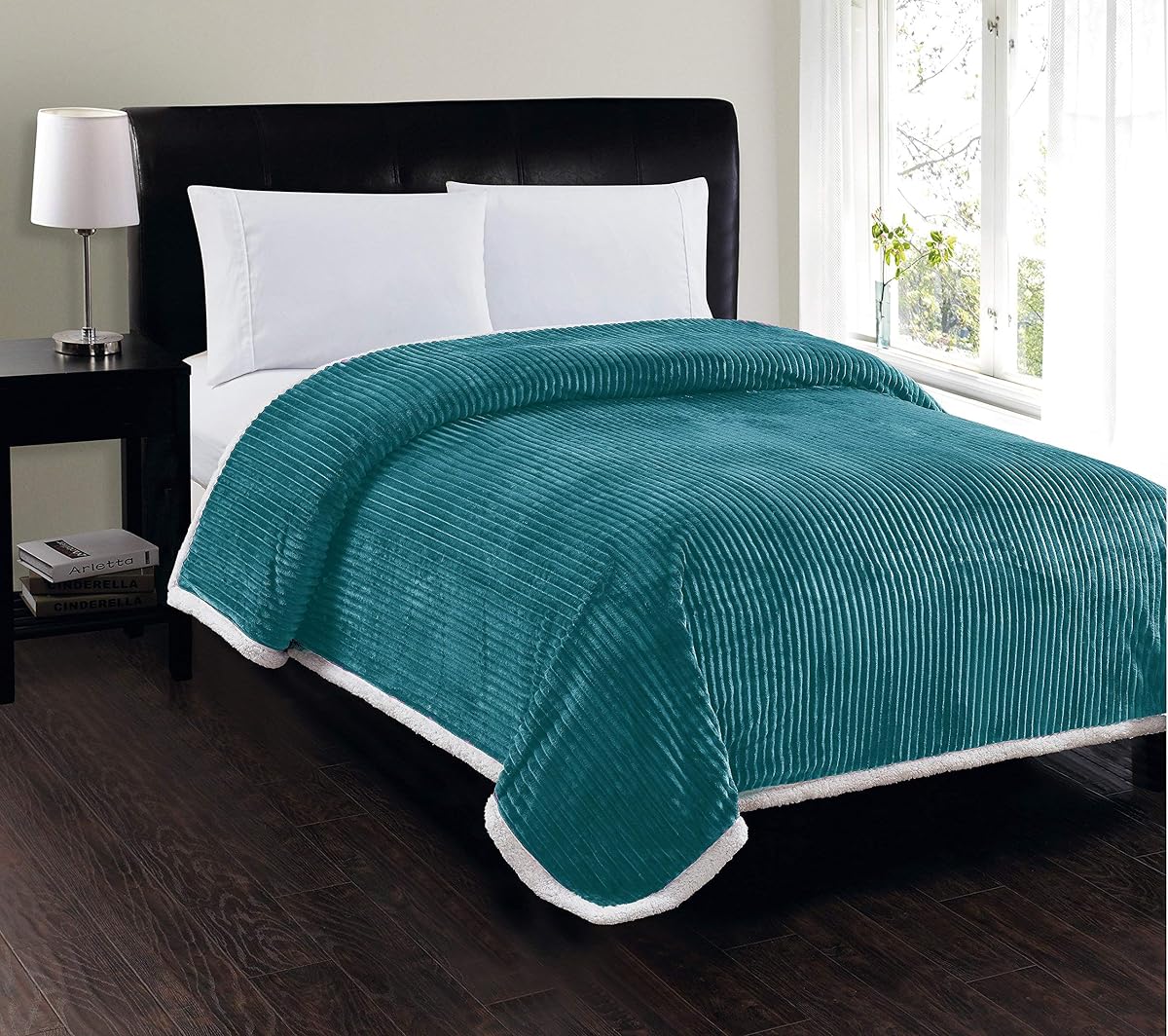 Elegant Comfort Best, Softest, Luxury Micro-Sherpa Blanket on Amazon! Heavy Weight Stripe Design Ultra Plush Blanket, King/Cal King, Turquoise