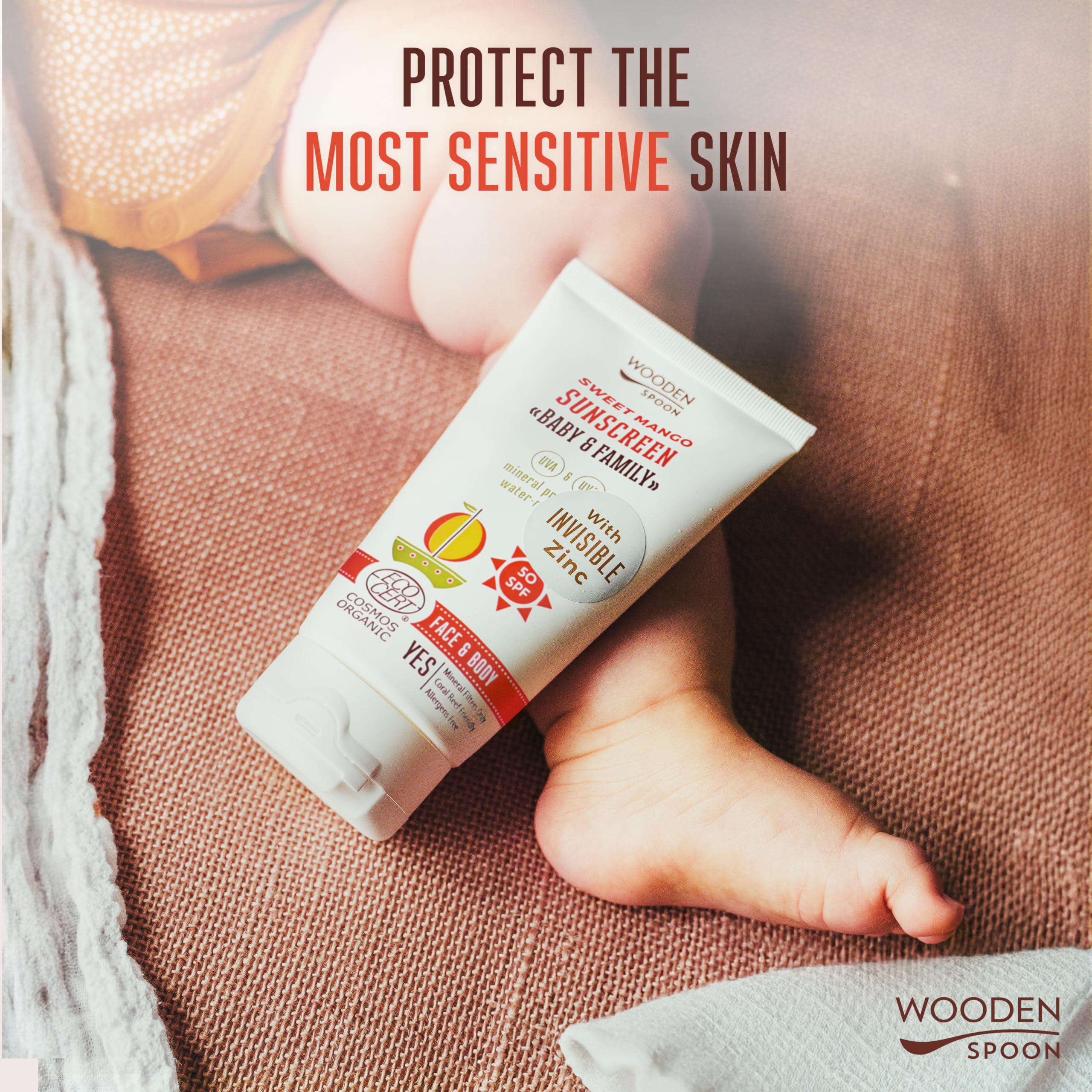 Wooden Spoon Crème Solaire Bio Bébé & Famille “Sweet Mango” SPF 50 – 100% Naturelle, Zinc Invisible, Sans Trace Blanche, Hypoallergénique, Vegan, Résistante à l’eau – 150 ml