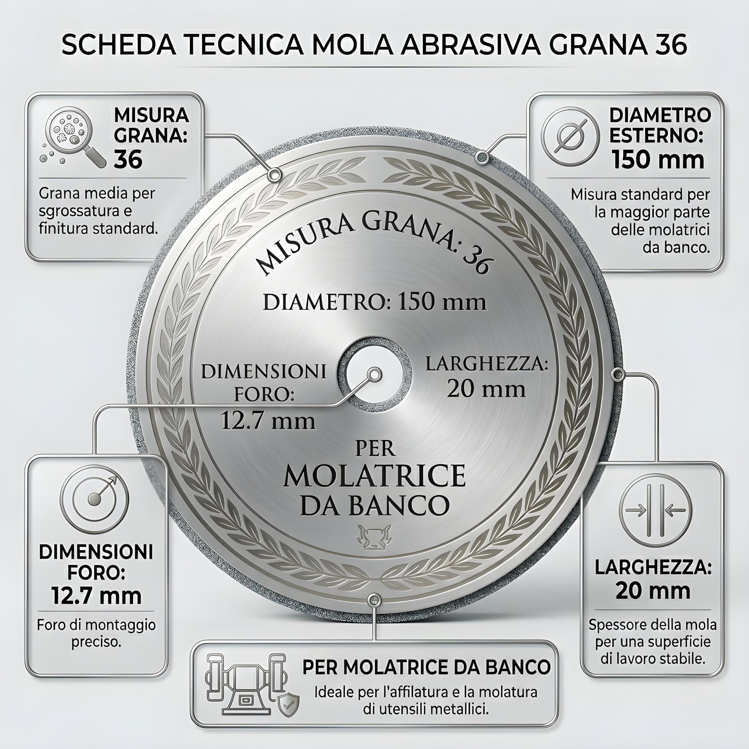 Mola Banco 150mm G36 Carburo Silicio Foro 12,7mm - Rettifica Metalli Non Ferrosi Ceramica Vetro Alta Precisione Bassa Vibrazione Lunga Durata