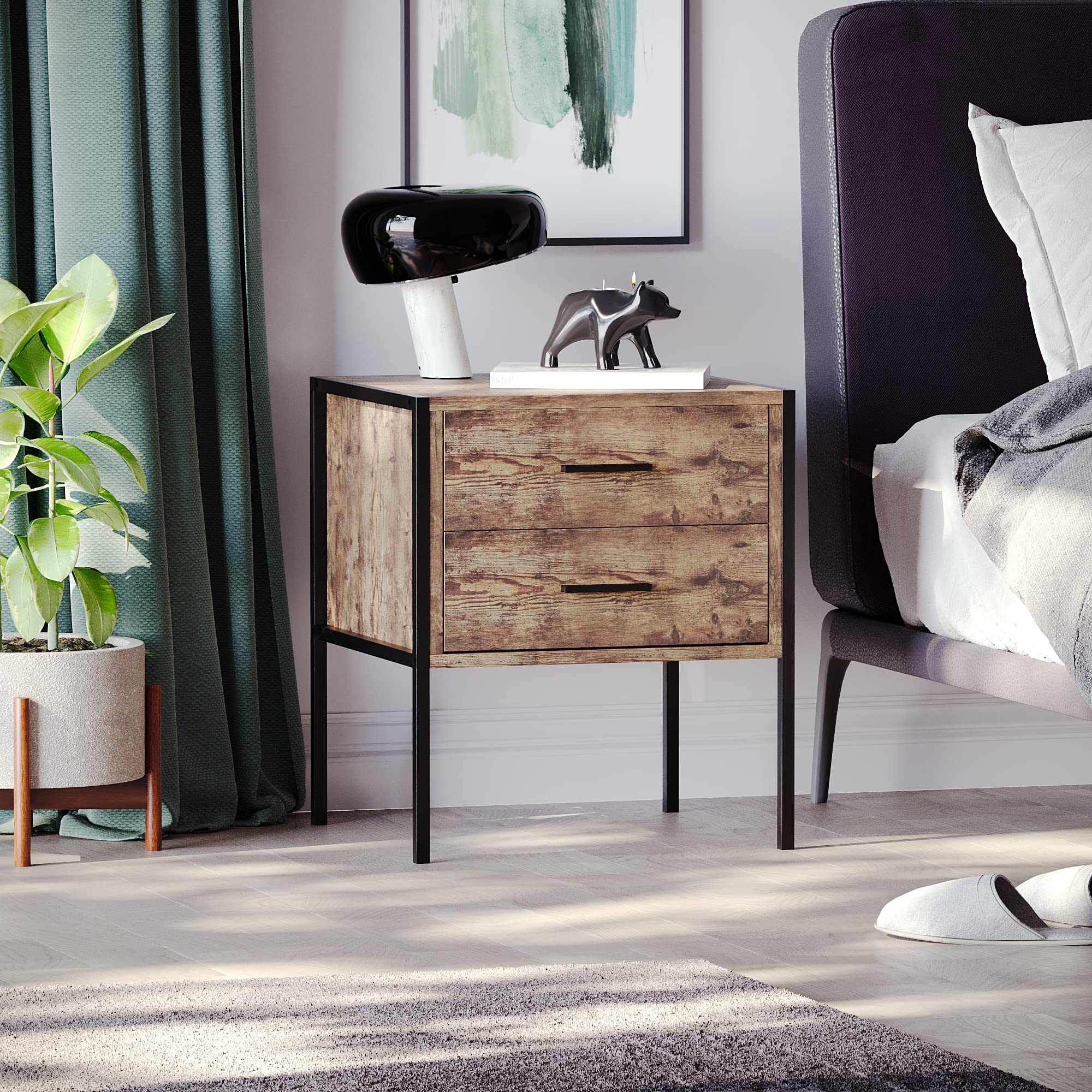Vida Designs Brooklyn Bedside Cabinet Nightstand Side Table Industrial Bedroom Furniture Storage (Dark Wood, 2 Drawer)