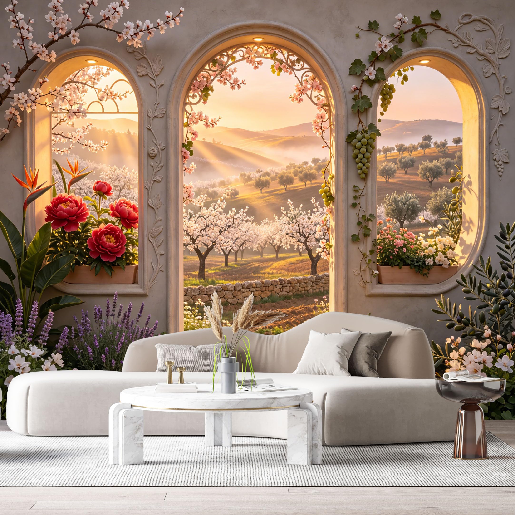Custom Size Wall Murals Mediterranean Archway Botanical Landscape 3D Trompe L'Oeil Oil Painting Peony Flower SelfAdhesive Wall Fabric Removable Large Wallpaper for Living Room