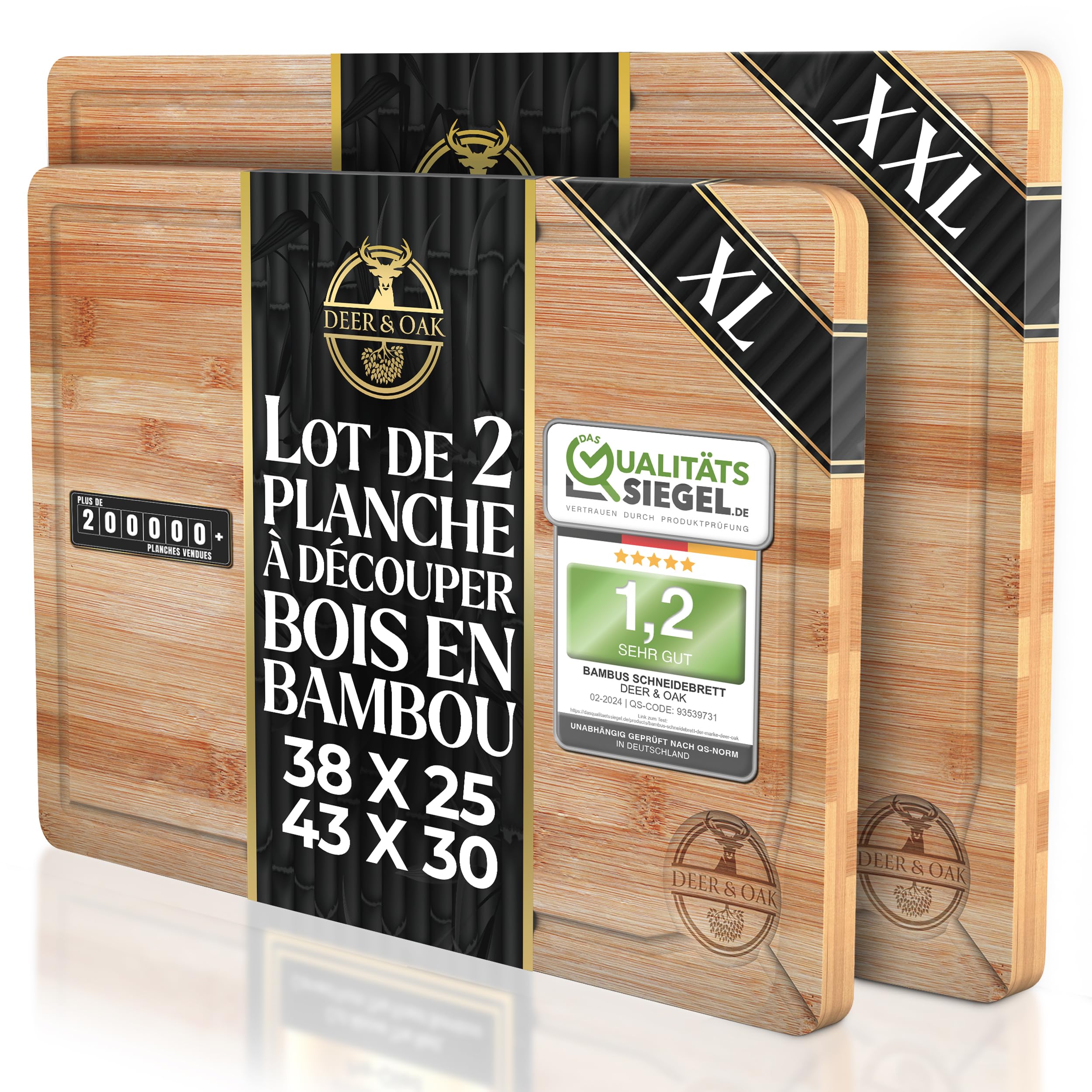 Deer & Oak Ensemble de Planches à Découper en Bambou 38 x 25 x 2 cm & 43 x 30 x 2 cm, pour Découper la Viande ou les Légumes – Planche à Découper Professionnelle - Bois Pré-Huilé, Traité et Esthétique ClimeCo Certified