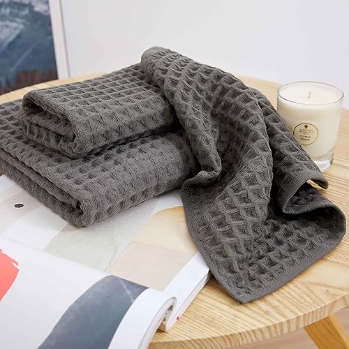 Miniatura 6 de YiLUOMO Juego de toallas de punto gofre, 100% algodón, altamente absorbentes, de secado rápido, para baño (1 toalla de baño, 1 toalla de mano y 1