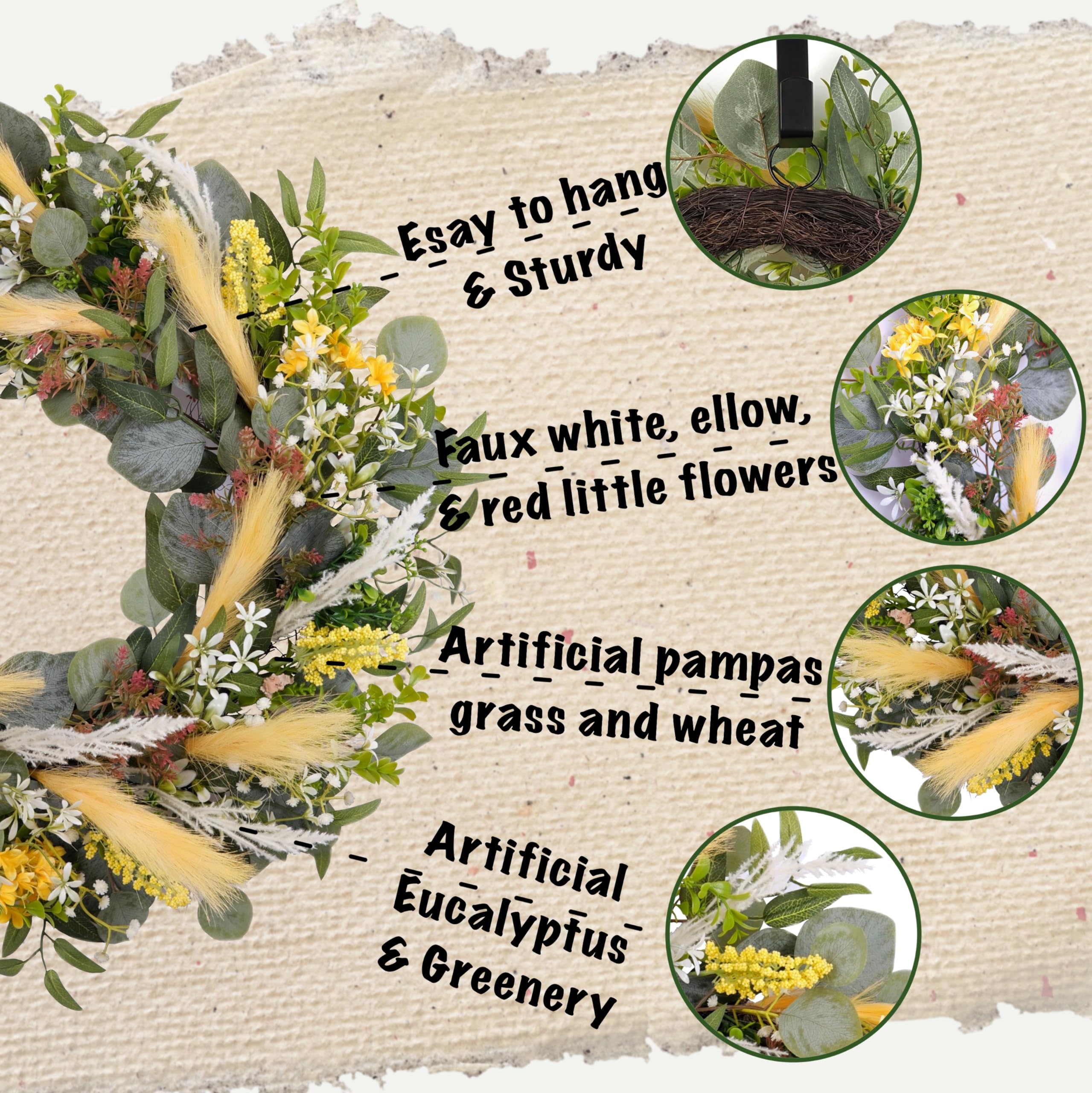 FLOROAD 24 inch Spring Wreath for Front Door, Farmhouse Flower and Greenery Wreath, Mixed Artificial Green Leaves and Wildflower Wreath for Year Round Spring Summer Fall Home Door Decor