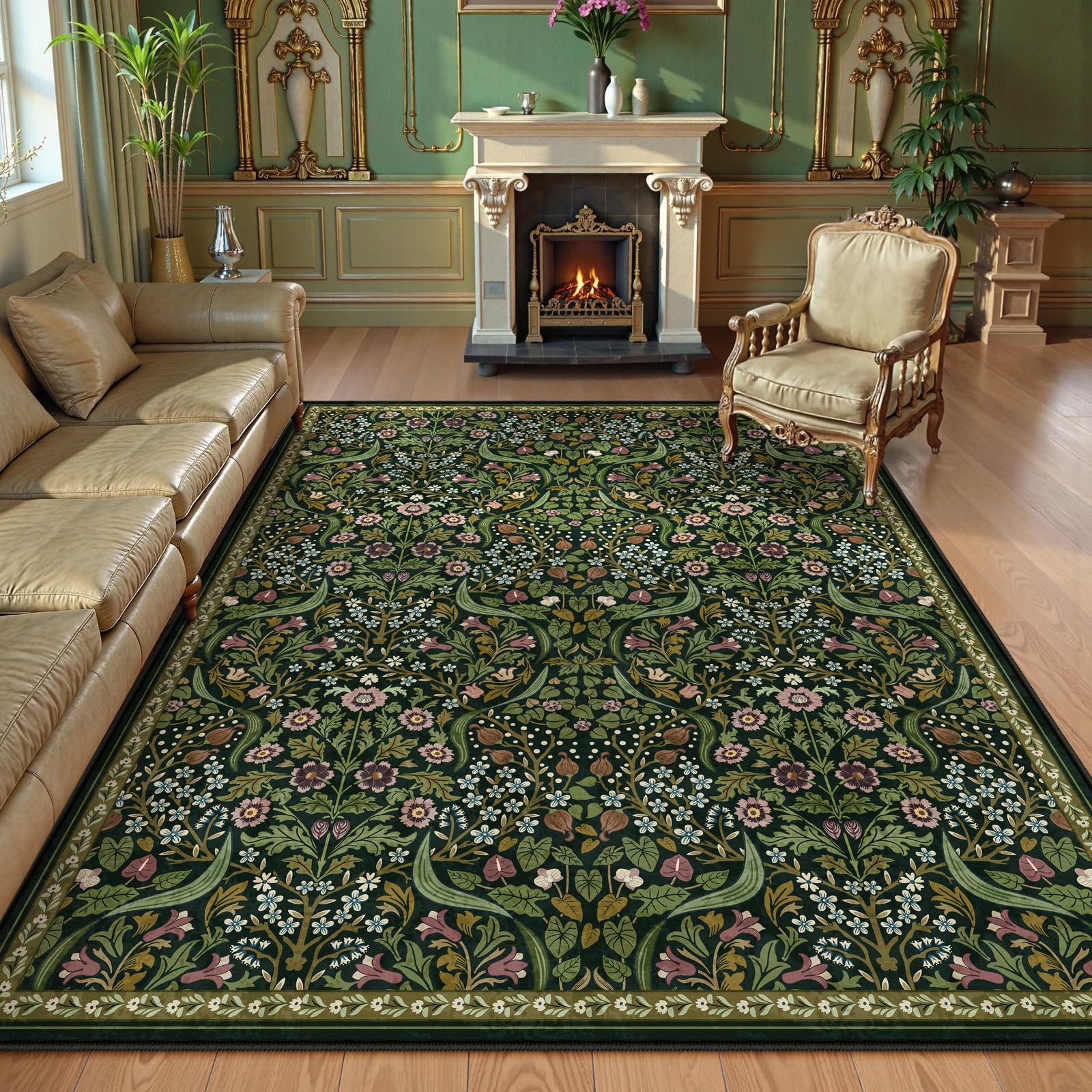 Lahome Floral 8x10 Green Living Room Rugs, Large Washable Area Rug for Bedroom Rubber Backed, Botanical Thin Stain-Resistant Carpet for Dining Room