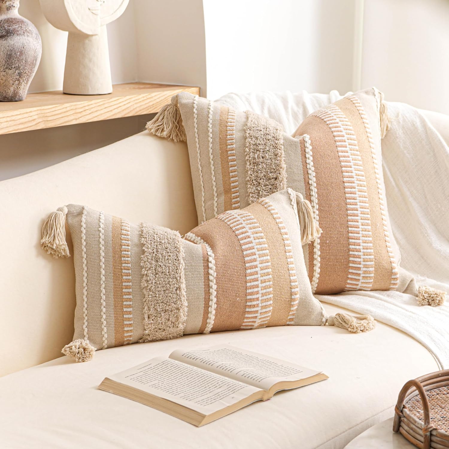 BlissBlush Decorative Throw Pillow Cover 20x20, Neutral Cream Boho Accent Pillowcase with Tufted Texture and Tassels, Beige Square Cushion for Sofa Couch Living Room (Cover Only)