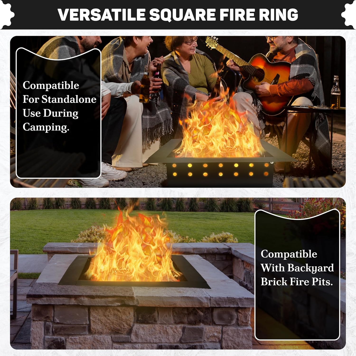 FEBTECH Smokeless Fire Ring Liner - Square Carbon Steel 32 inch OD & 24 Inch ID Square Fire Pit Insert with Heat Resistant Coating - DIY Campfire Ring for Outdoor Bonfire, BBQ, Camping & Gatherings