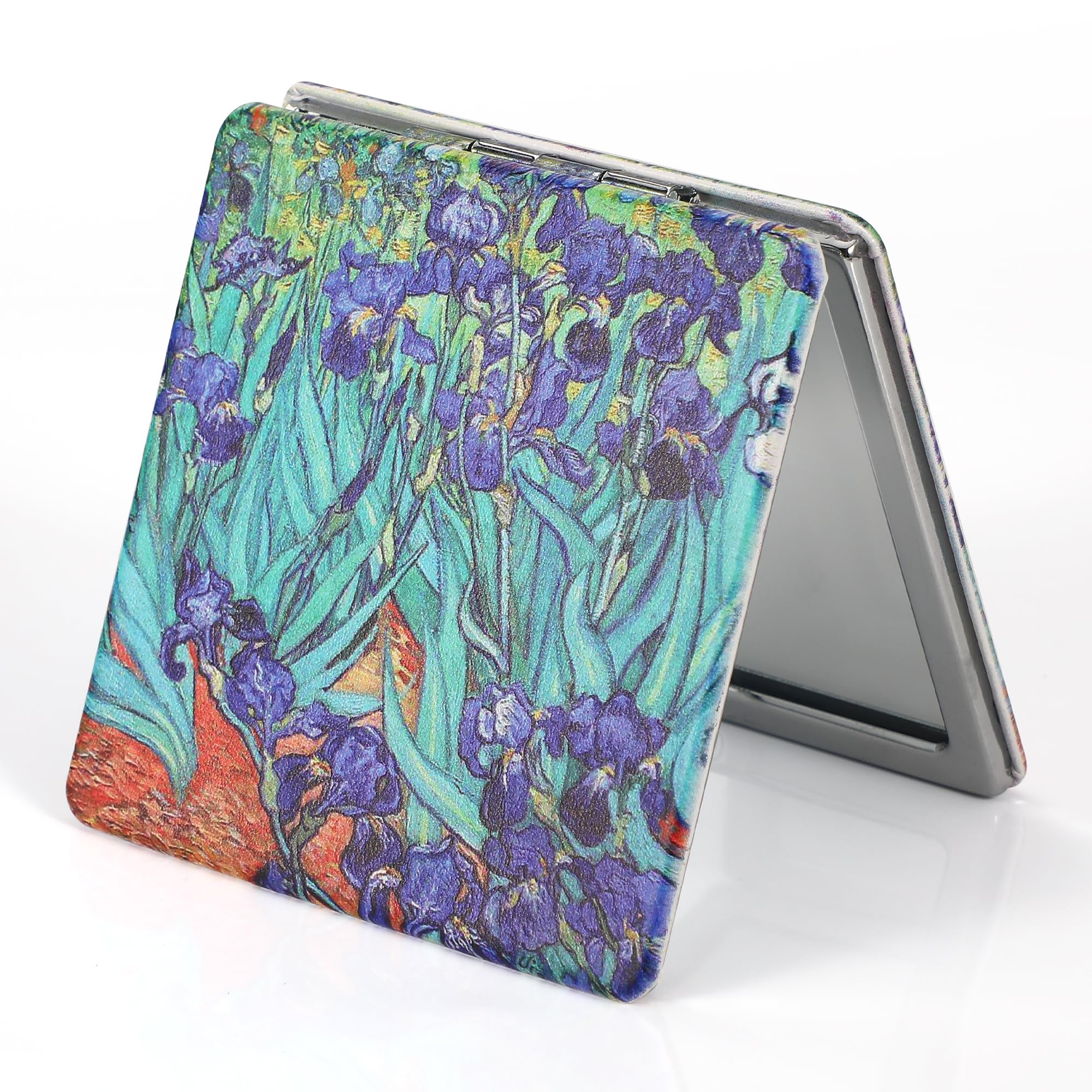 DynippyCompact Mirror Double-Sided 1X/2X Magnifying 3.15inch Bulk Pu Leather Makeup Mirrors Square Mirror for Purses Small Pocket Portable Hand Mirror for Woman Mother - Van Gogh Irises 1