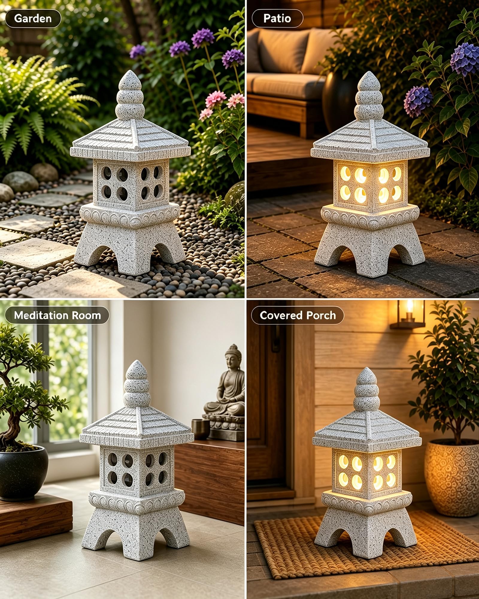 Yeomoo Pagoda solar con iluminación LED decorativa grande – piedra zen decoración de jardín de resina para jardín, terraza e interior – resistente a la intemperie, figura de jardín zen regalos para