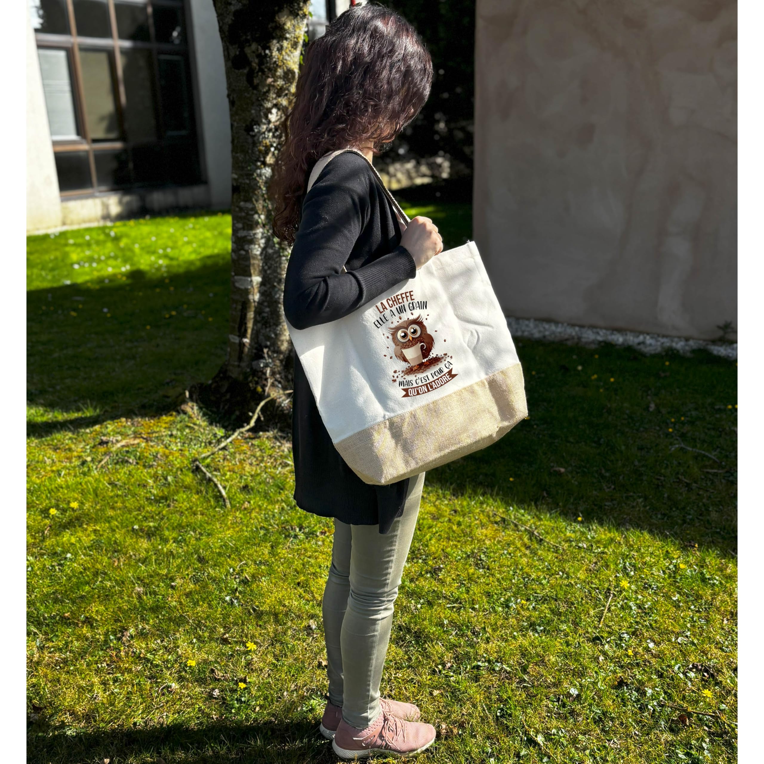 Bolso La Cheffe Búho de grano | Cabas de playa Carreras Algodón y Yute Idea de regalo para mujer, beige
