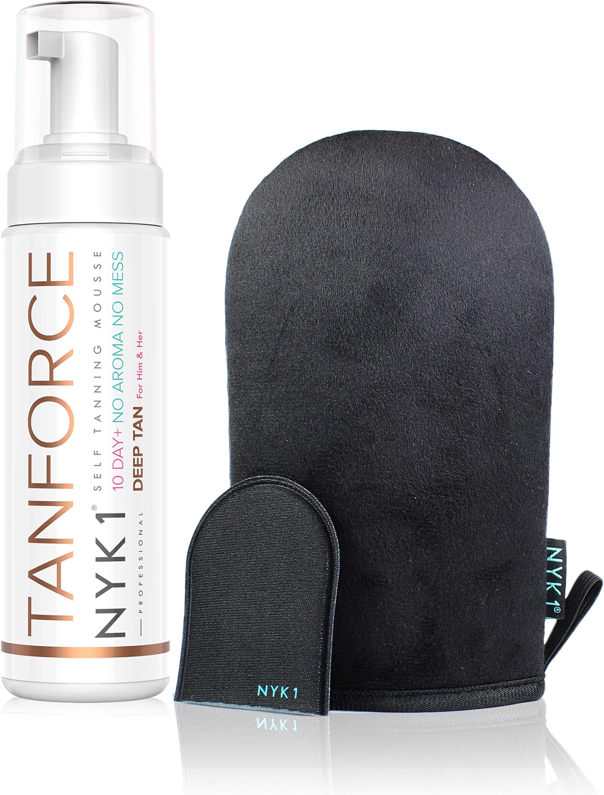 AWARD WINNING TanForce with Black Tanning Mitt - (250ml) Skinny Natural Look Fake Tan Force BEST LONG LASTING Invisible Tanning Foam Mousse Developing Sands Australian Dark Brown Gold with MegaMitt