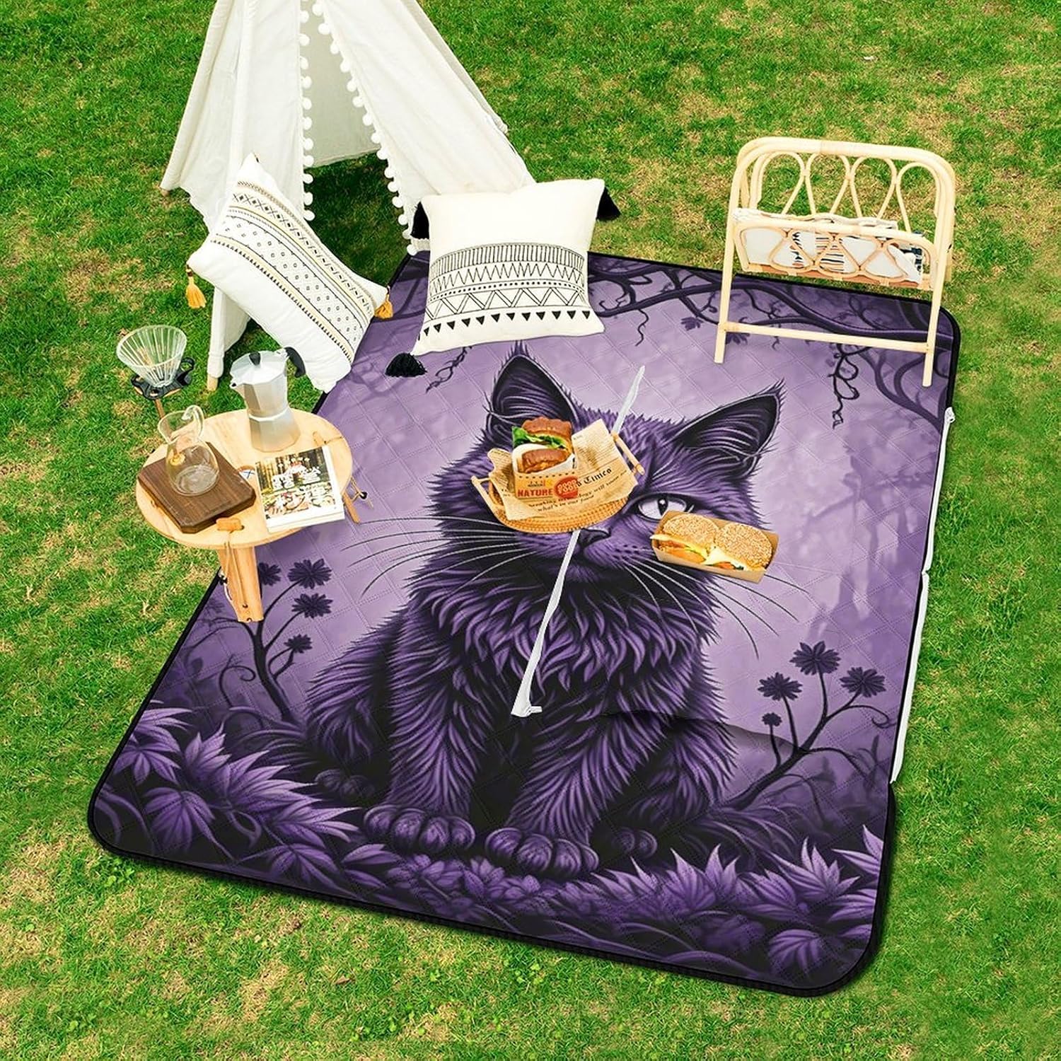 Purple Gothic Cat Picnic Blanket 150x100cm, Foldable 2-in-1 Picnic Mat and Tote Bag Portable Waterproof Beach Mat Sandproof Outdoor Blanket for Park, Hiking, Beach, Camping, Travel