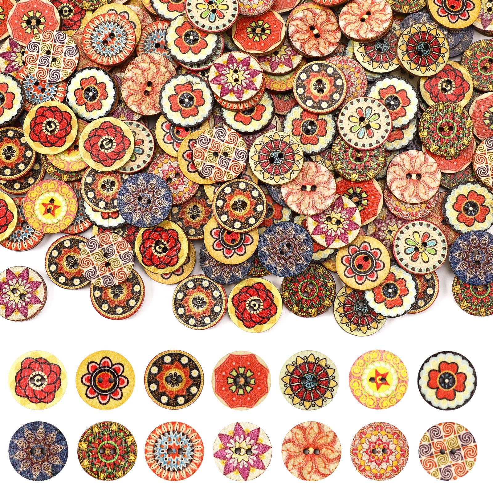 JUNEBRUSHS 260Pcs Wooden Buttons 2 Holes Vintage Print Wood Sewing Buttons for Crafts Decorative DIY Sewing Handmade Projects