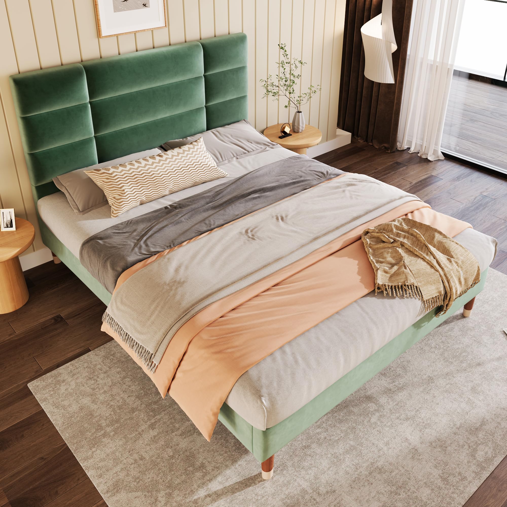 Merax Cama tapizada de 140 x 200 cm, Cama Doble con somier y Espacio de Almacenamiento Debajo de la Cama, Estructura de Cama Acolchada con cabecero, Terciopelo Verde Oscuro, para Adultos y jóvenes