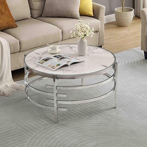 Miniatura 4 de Mesa de centro redonda de mármol sintético de 32 pulgadas, mesa de centro moderna con parte superior de piedra sinterizada y marco de metal