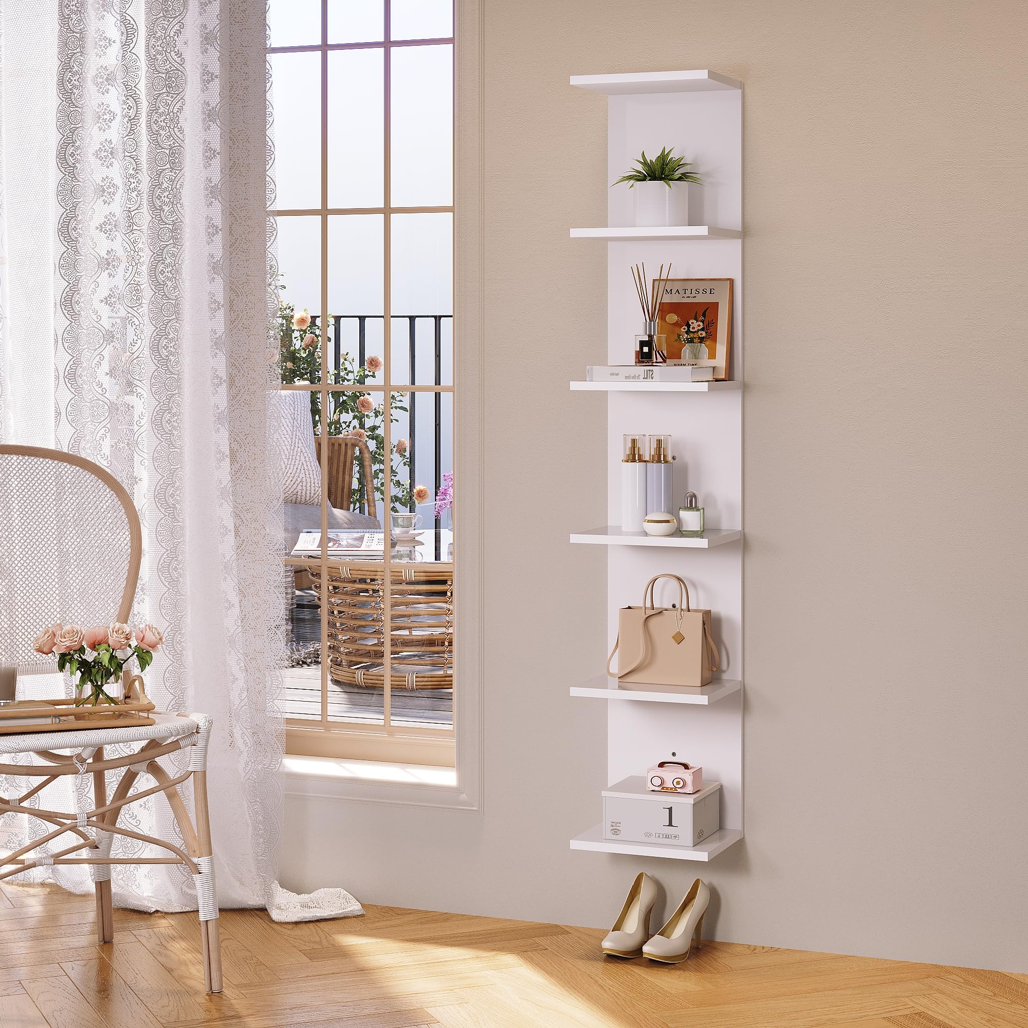 SONNI Estantería de pared, estantería de pie de 6 niveles, pared y variante de pie, industrial para libros, medios y decoración, montaje flexible en salón, cocina u oficina en casa, color blanco, 30 x