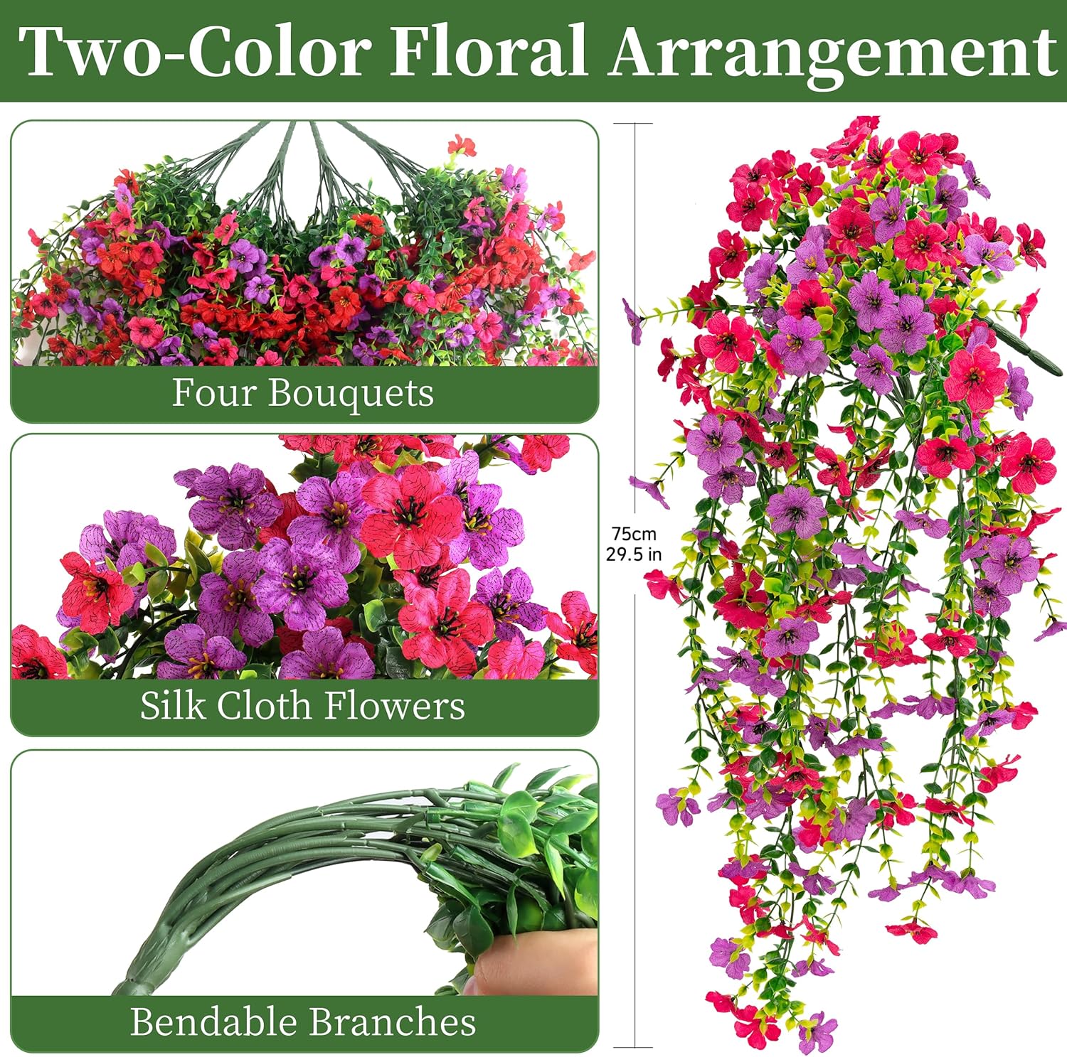Artificial Hanging Flowers for Outdoors Faux Plants, 4PCS Artificial Outdoor Flowers for Spring Decor, UV Resistan Realistic Daisy Fake Hanging Plants for Indoor Planter Garden Porch(Tri-Color Red Mix