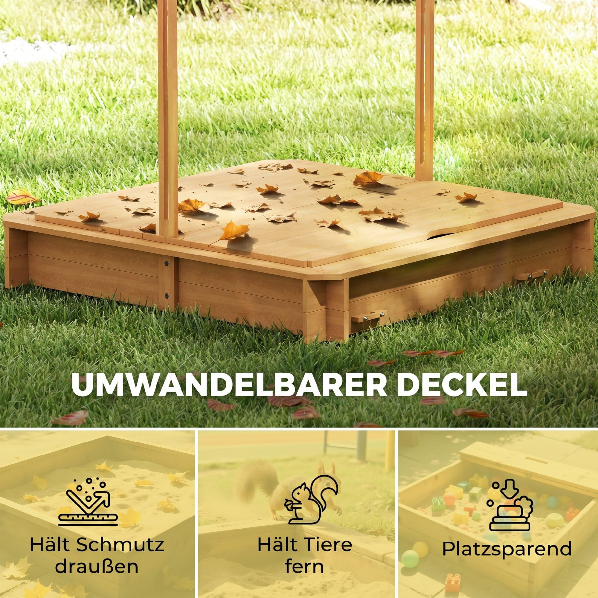 Outsunny Sandbox 106 x 106 cm per bambini con copertura regolabile in altezza, sabbiera in legno con panche schienale per esterni, giardino, terrazza, balcone