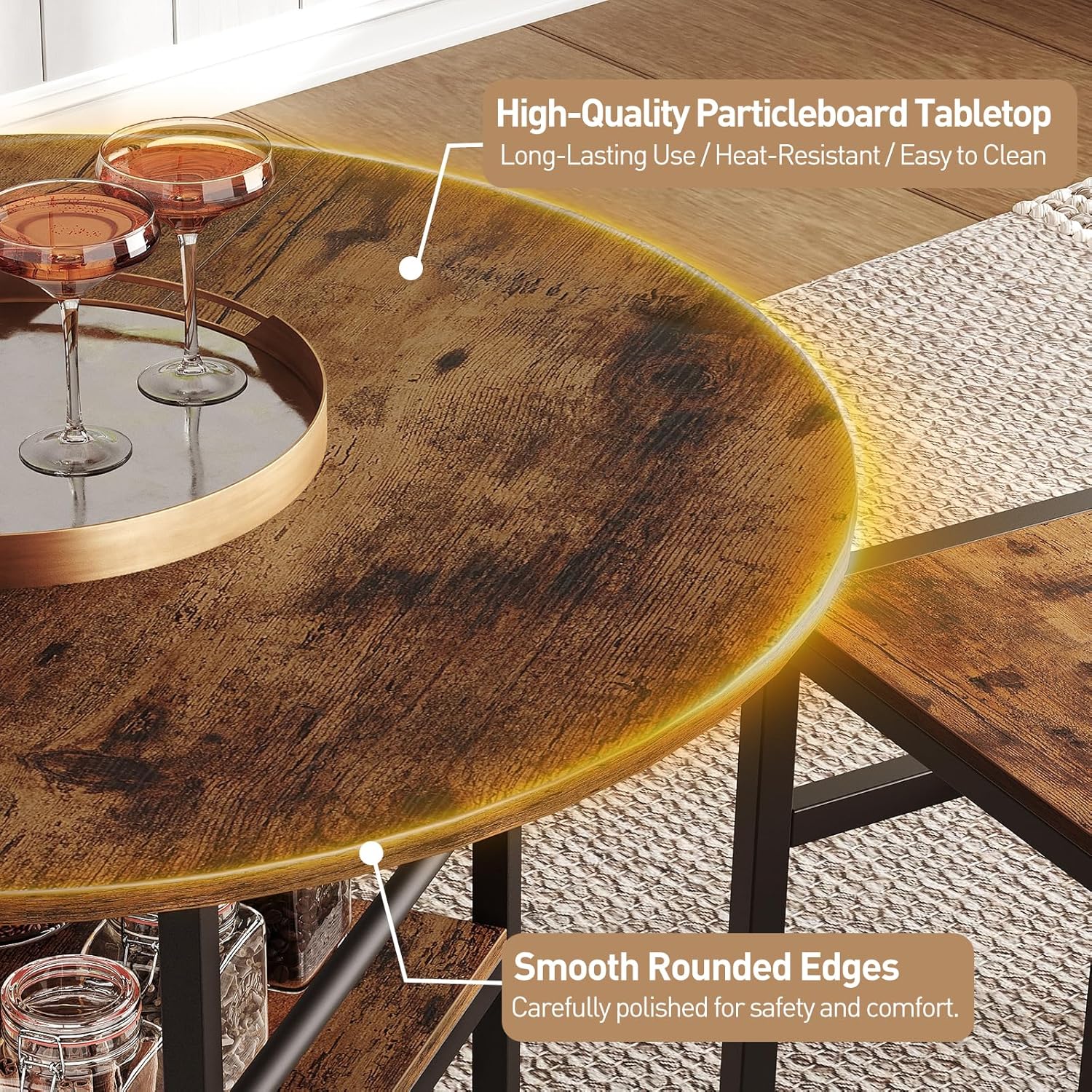 31.5" Round Dining Table for 2, Farmhouse Wooden Kitchen Table with Storage, Space Saving Circle Dinner Table with Metal Legs, for Dining Room, Living Room, Kitchen, Rustic Brown and Black