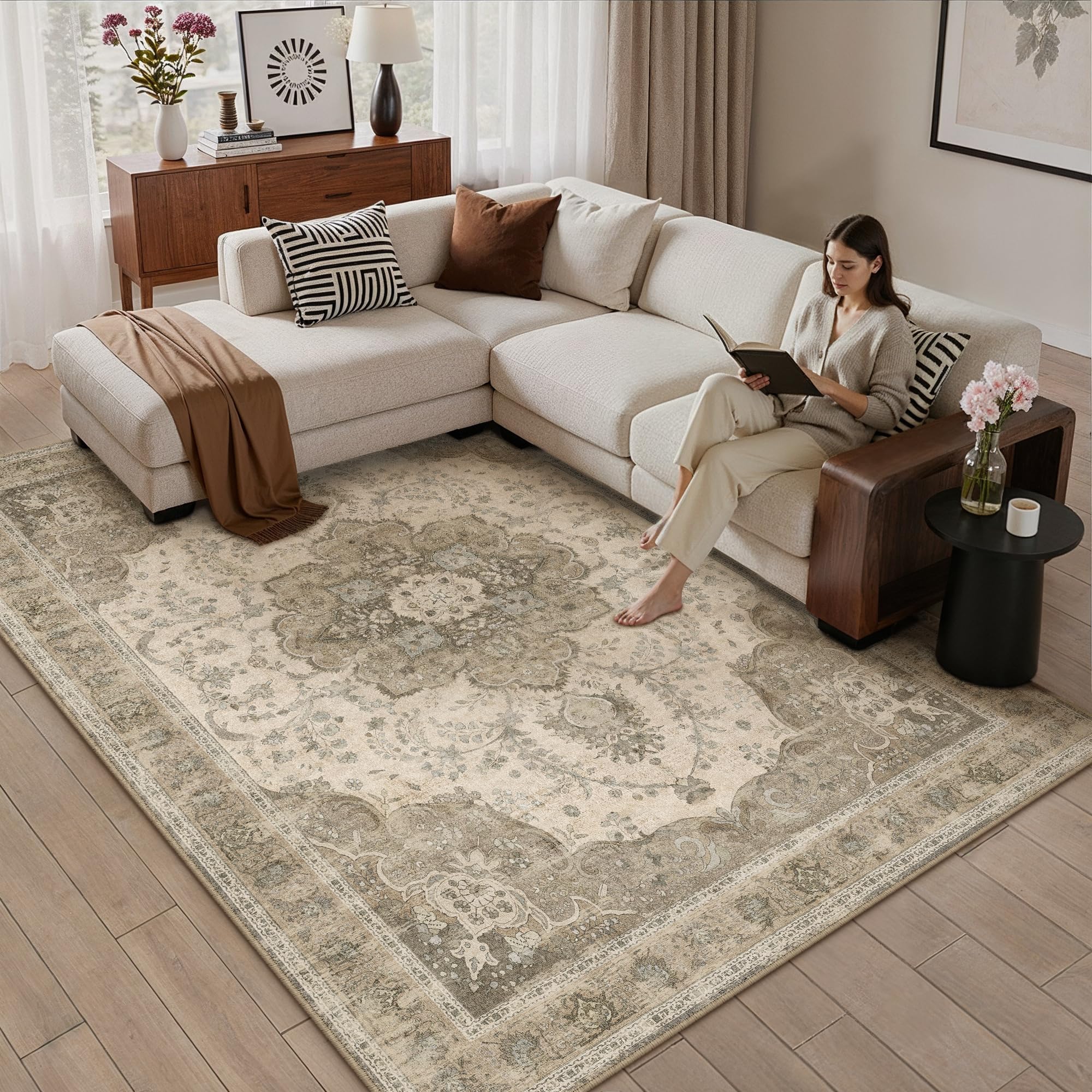 PureCozy Vintage Rugs Living Room Large Washable 160x230cm Carpet Brown Non Slip Area Rug for Kids Bedroom Bedside Nursery Playroom Lounge Office Indoor Low Pile Carpets